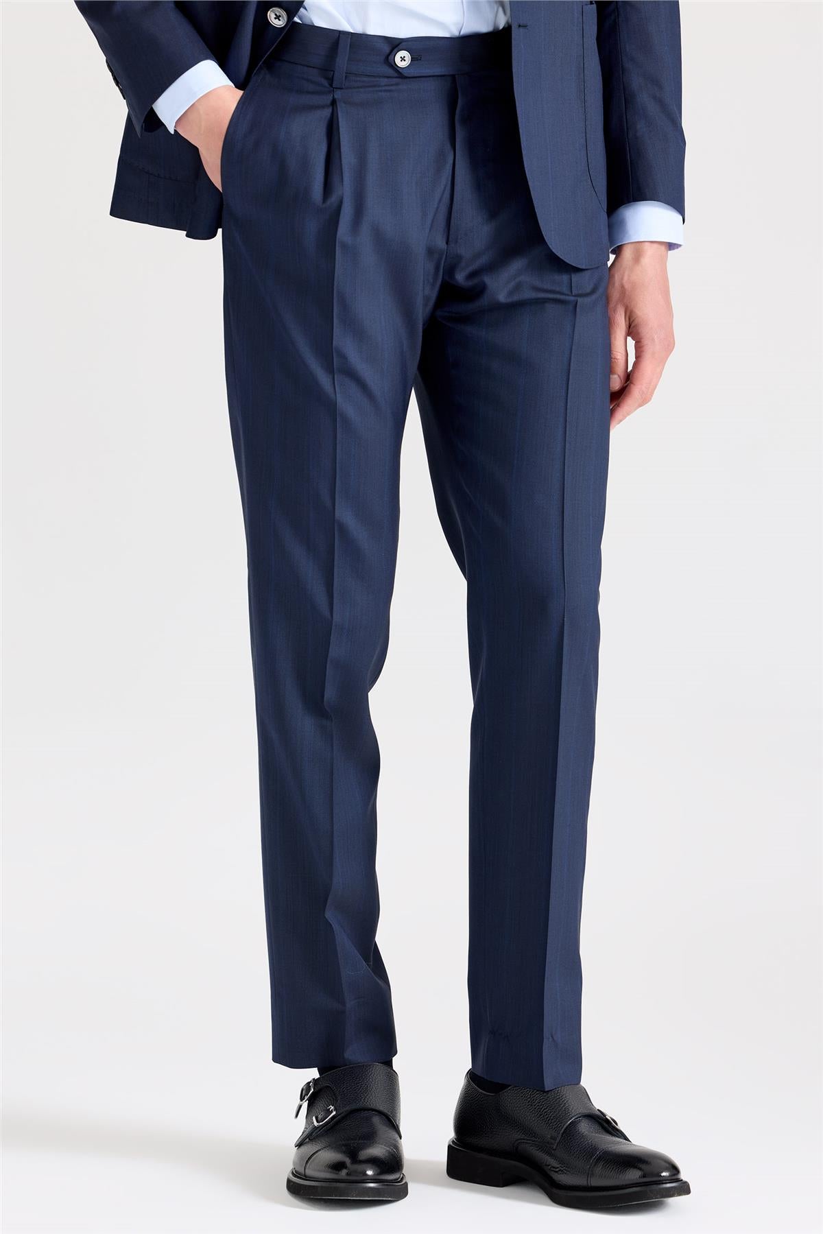 Lacivert Çizgili Yün İpek Takım Elbise - Image 5