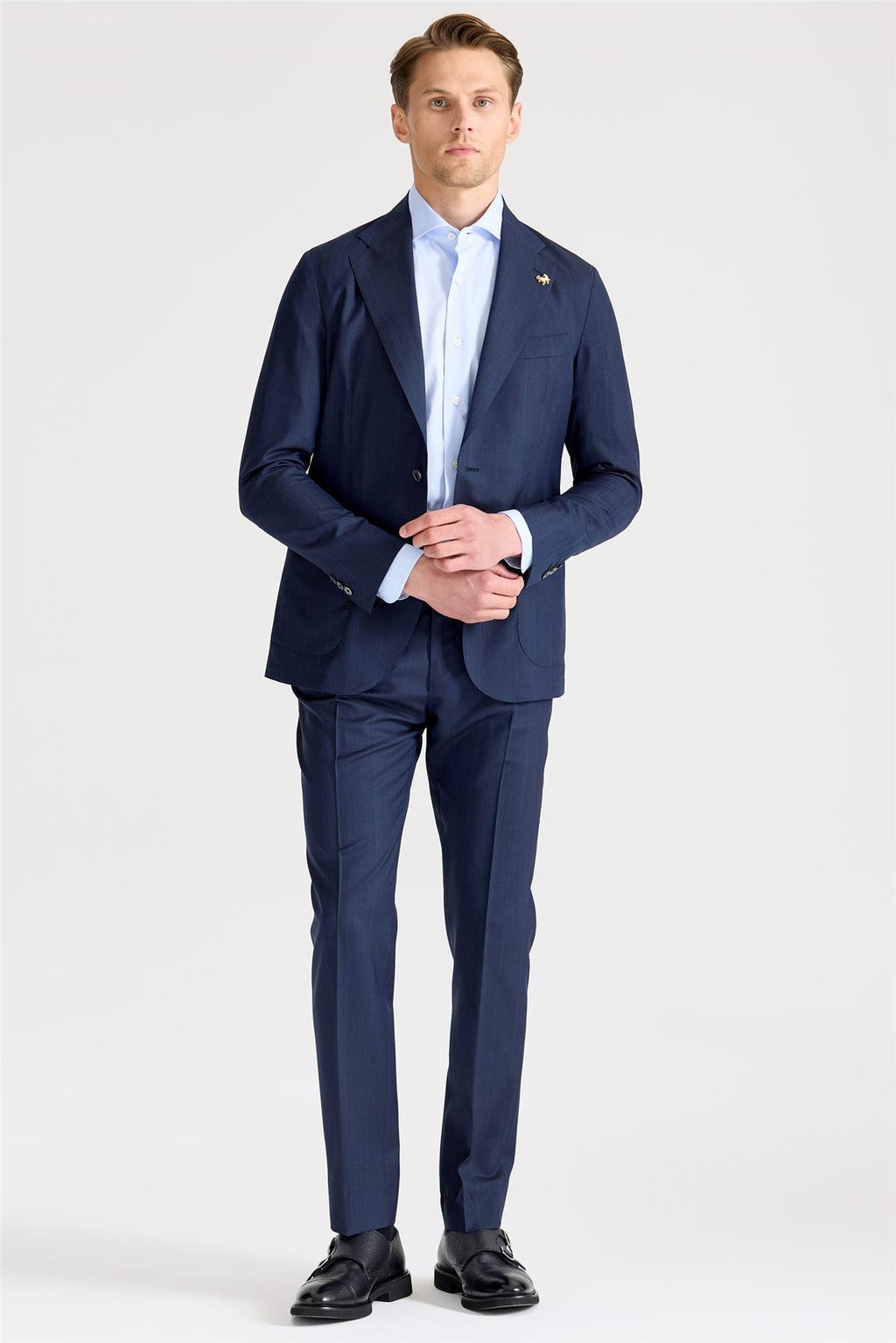 Lacivert Çizgili Yün İpek Takım Elbise - Image 4