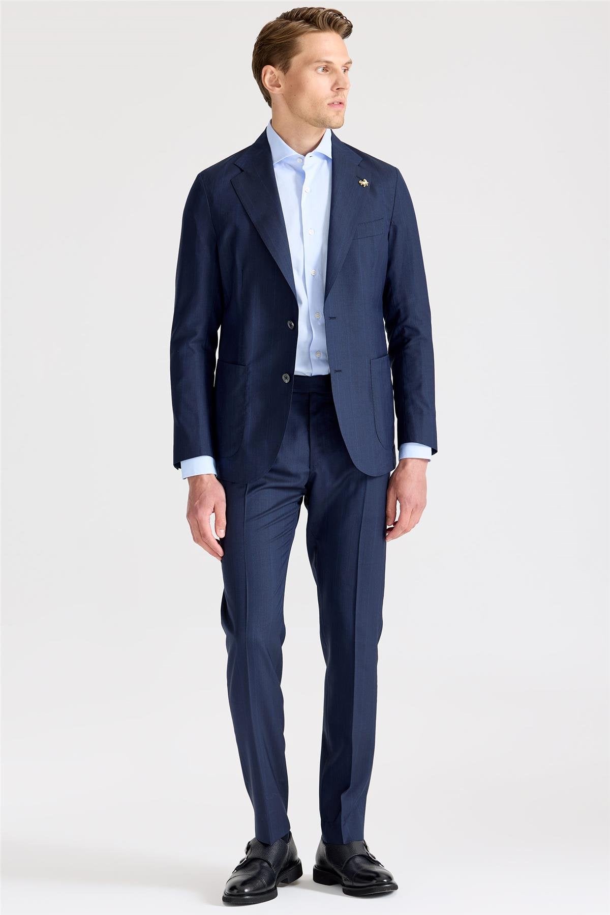 Lacivert Çizgili Yün İpek Takım Elbise - Image 3