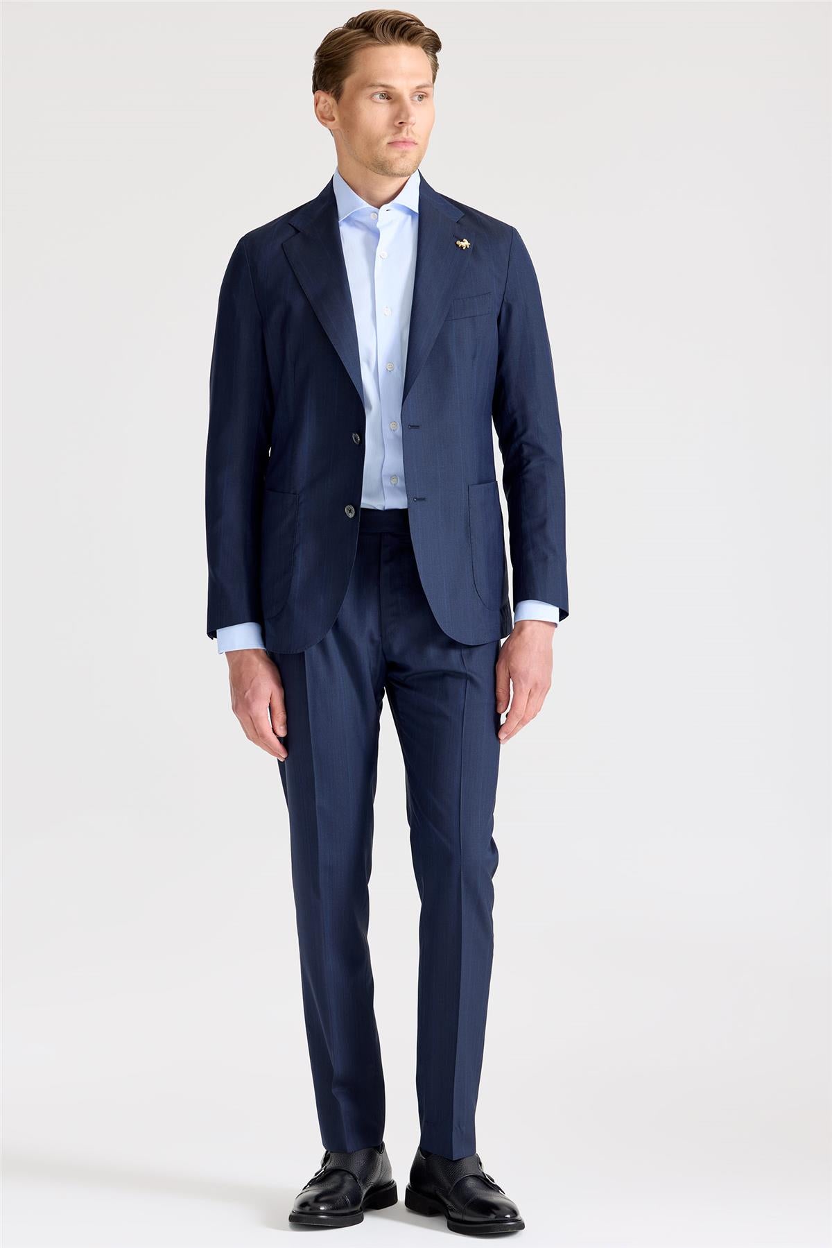 Lacivert Çizgili Yün İpek Takım Elbise - Image 2