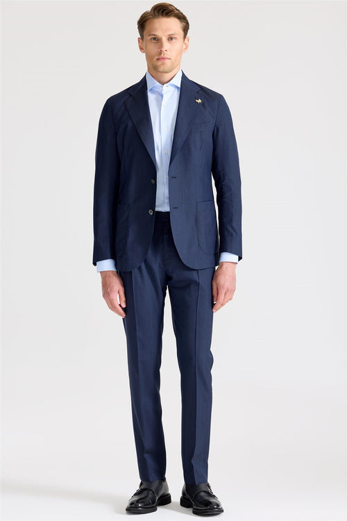 Lacivert Çizgili Yün İpek Takım Elbise - Image 1