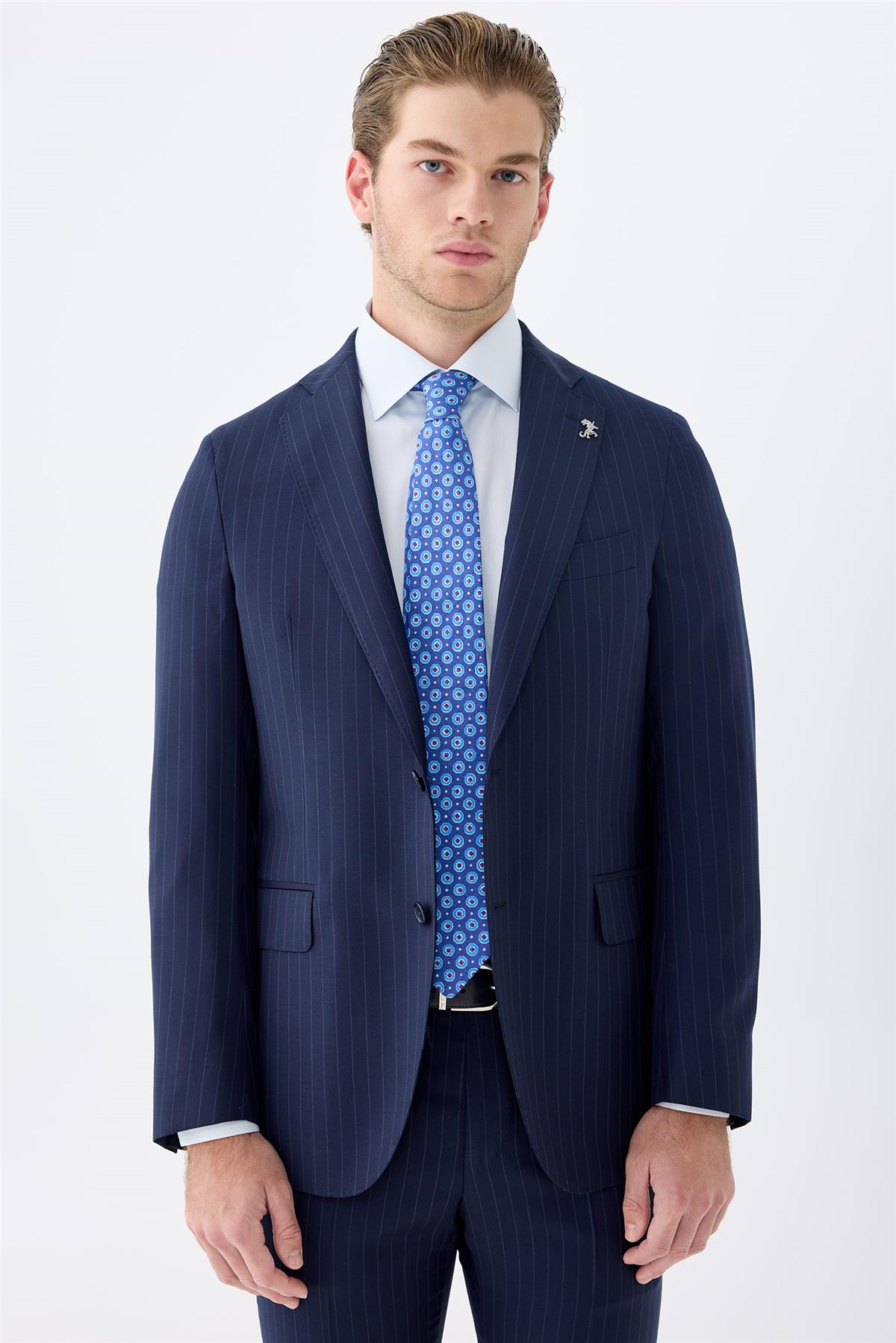 Lacivert Çizgili Yün Takım Elbise - Image 2