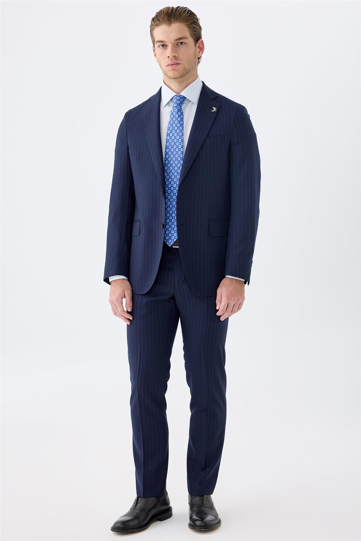 Lacivert Çizgili Yün Takım Elbise - Image 1