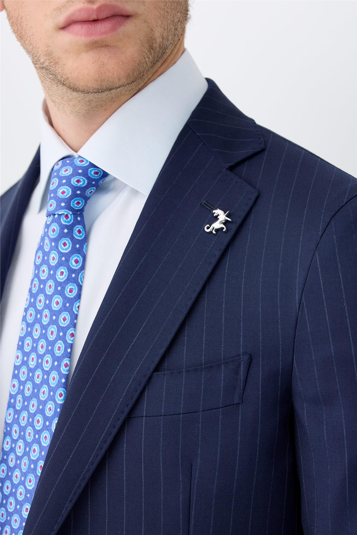 Lacivert Çizgili Yün Takım Elbise - Image 4