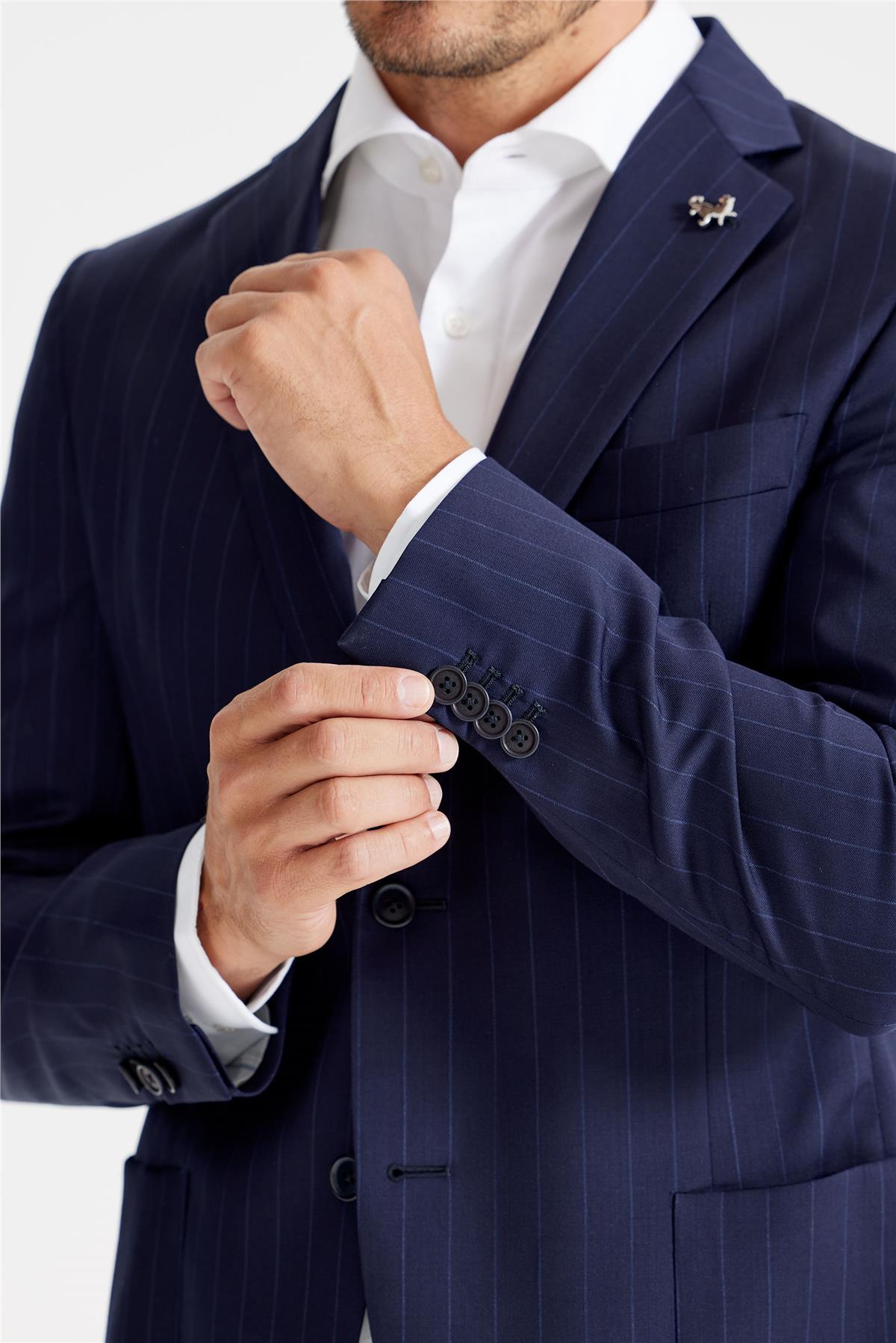 Lacivert Çizgili Yün Takım Elbise