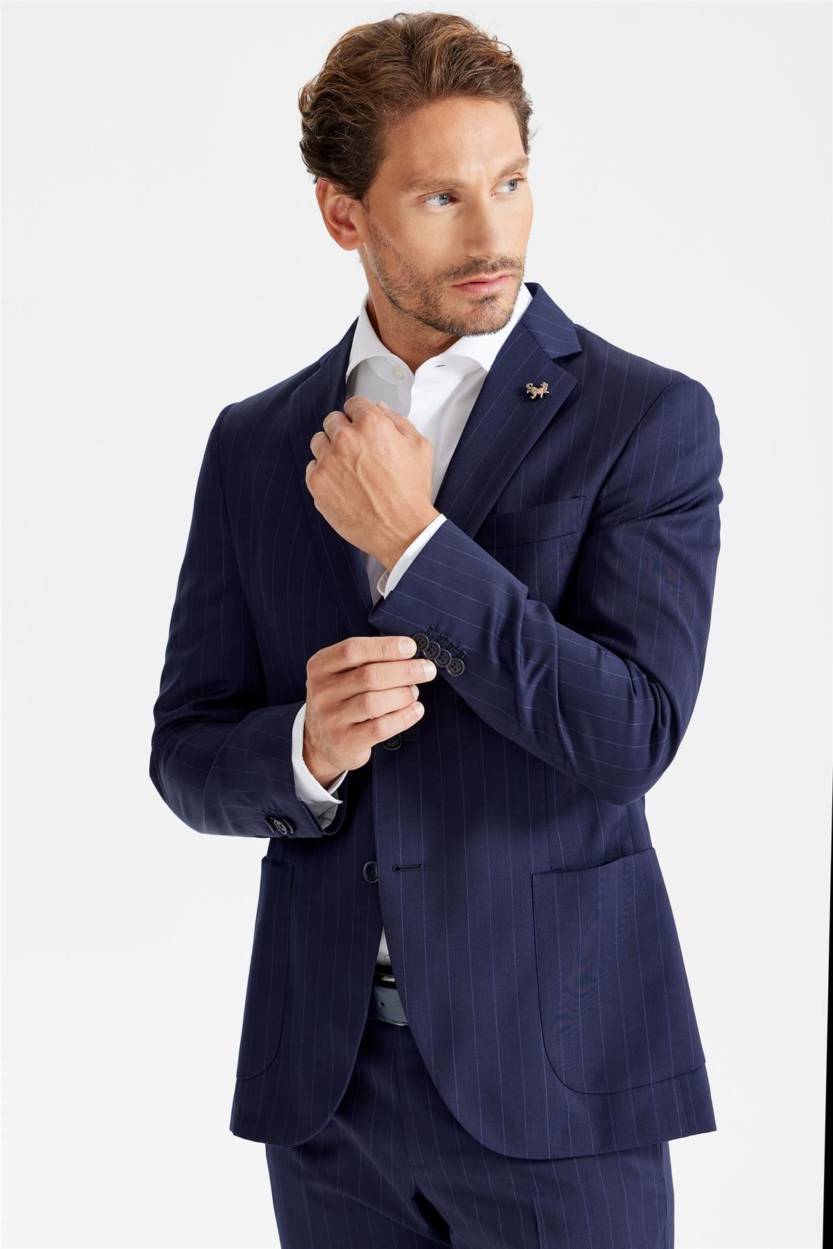 Lacivert Çizgili Yün Takım Elbise