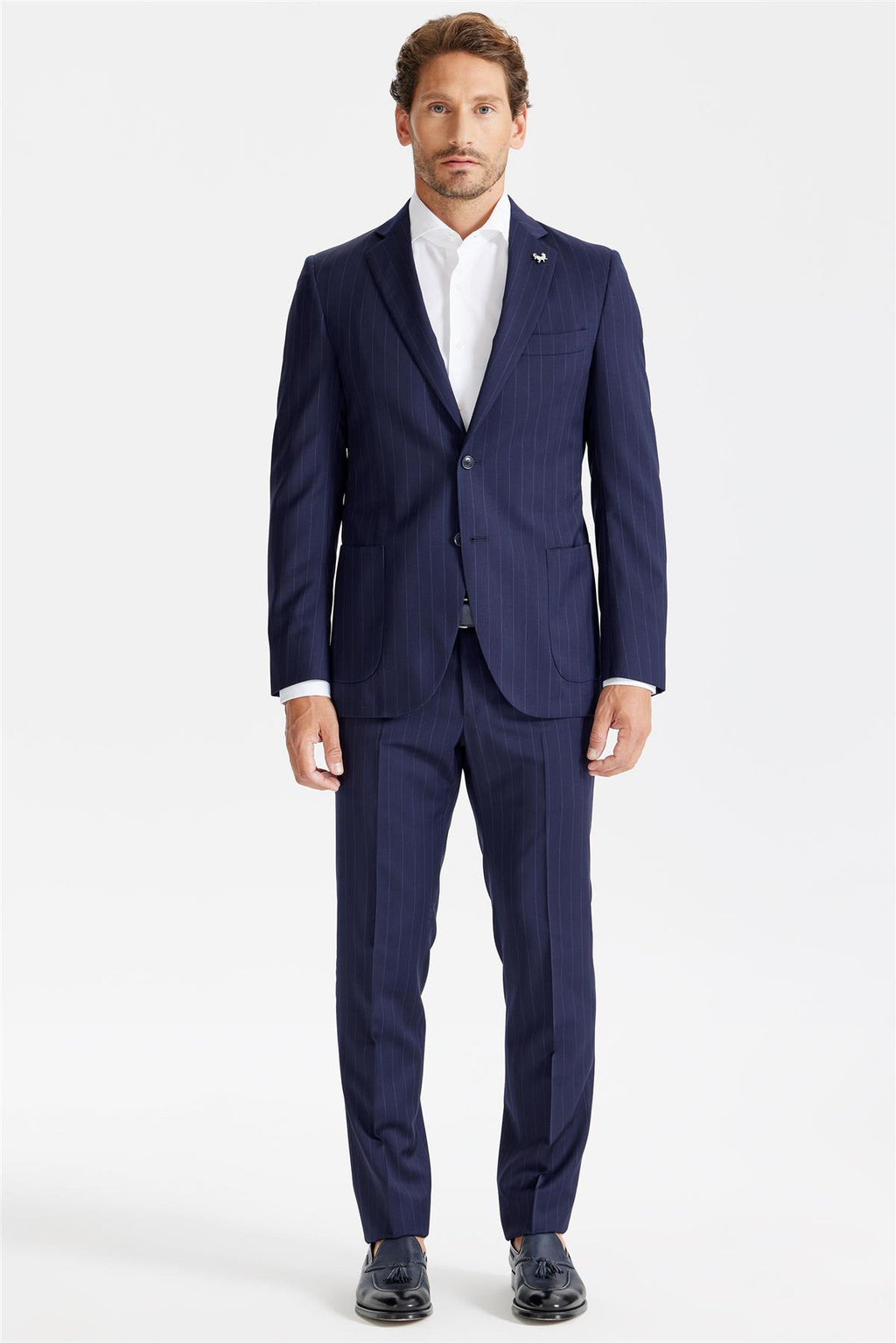 Lacivert Çizgili Yün Takım Elbise