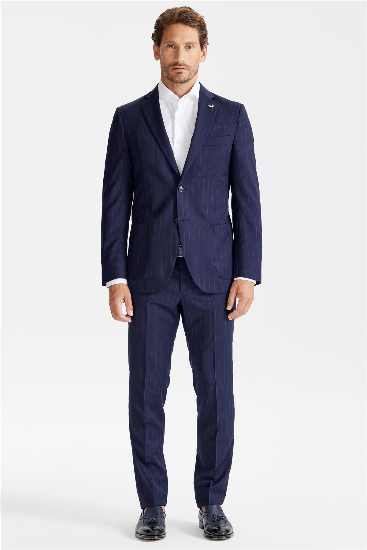 Lacivert Çizgili Yün Takım Elbise