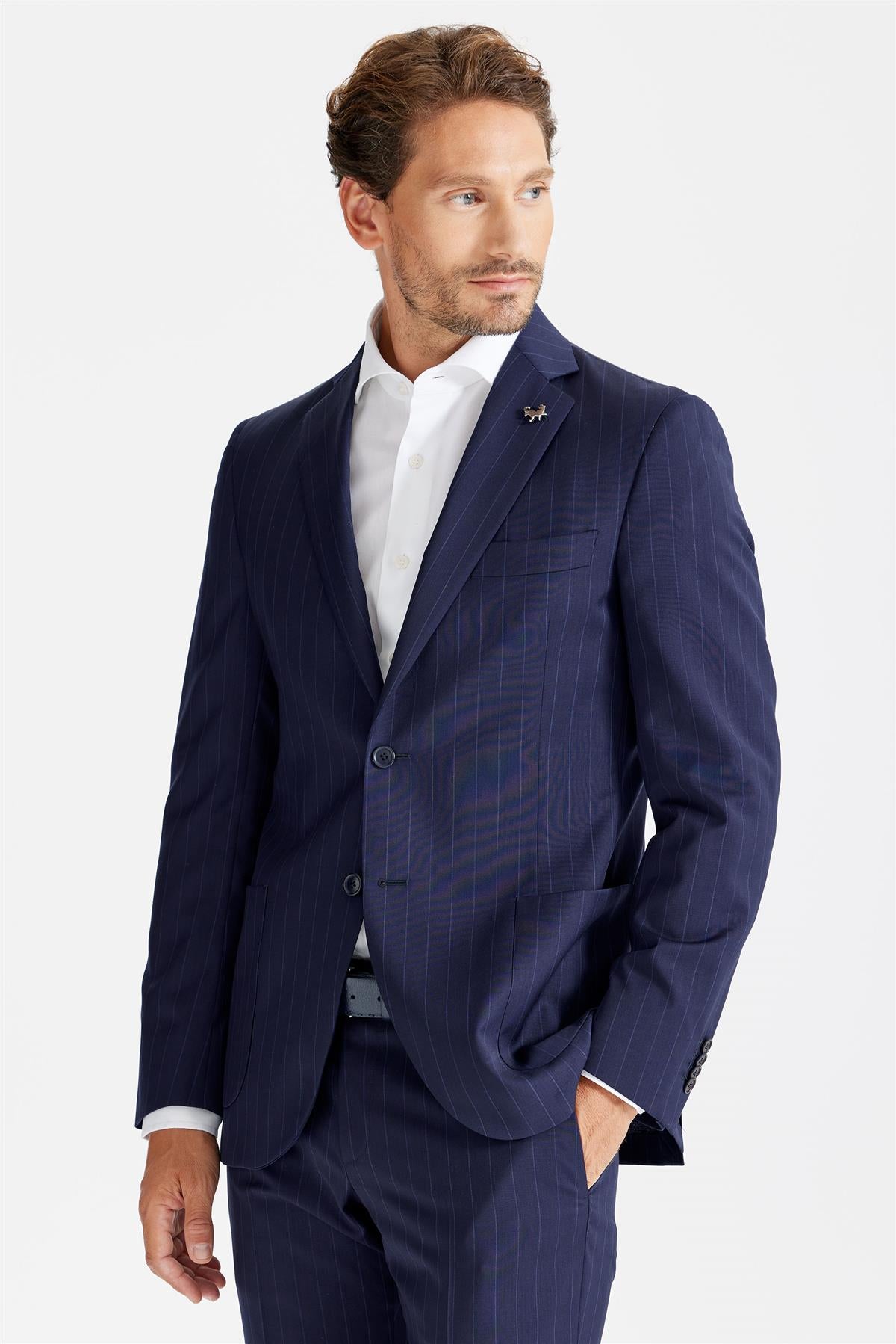 Lacivert Çizgili Yün Takım Elbise