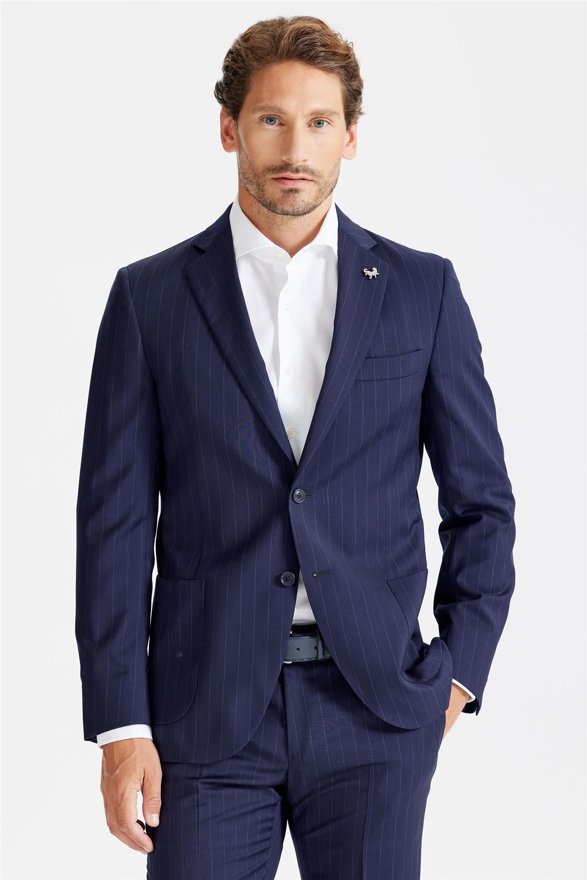 Lacivert Çizgili Yün Takım Elbise