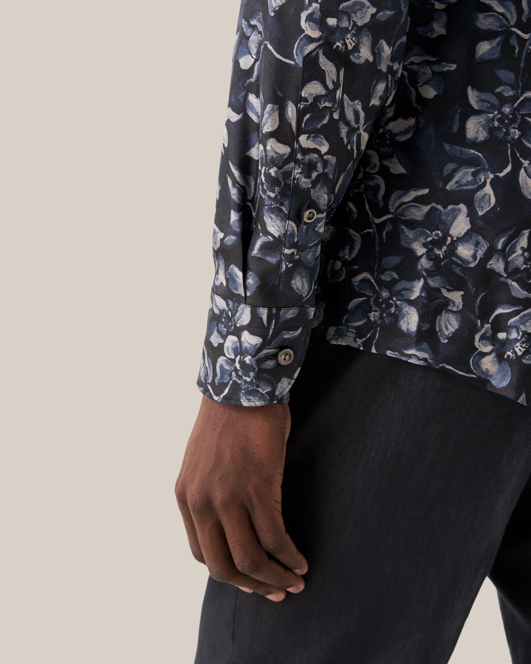 Lacivert Desenli İpek Gömlek - Image 4