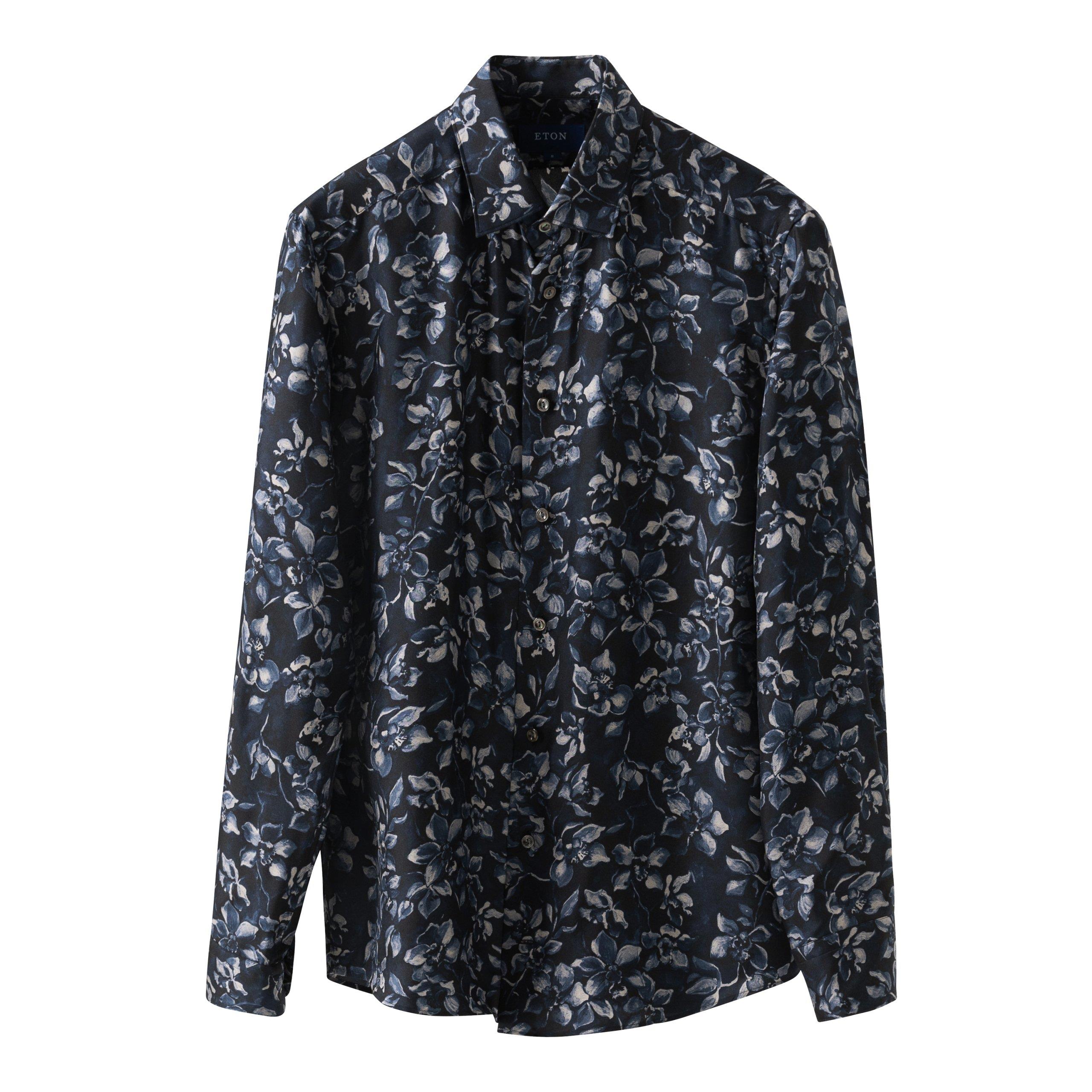 Lacivert Desenli İpek Gömlek - Image 5