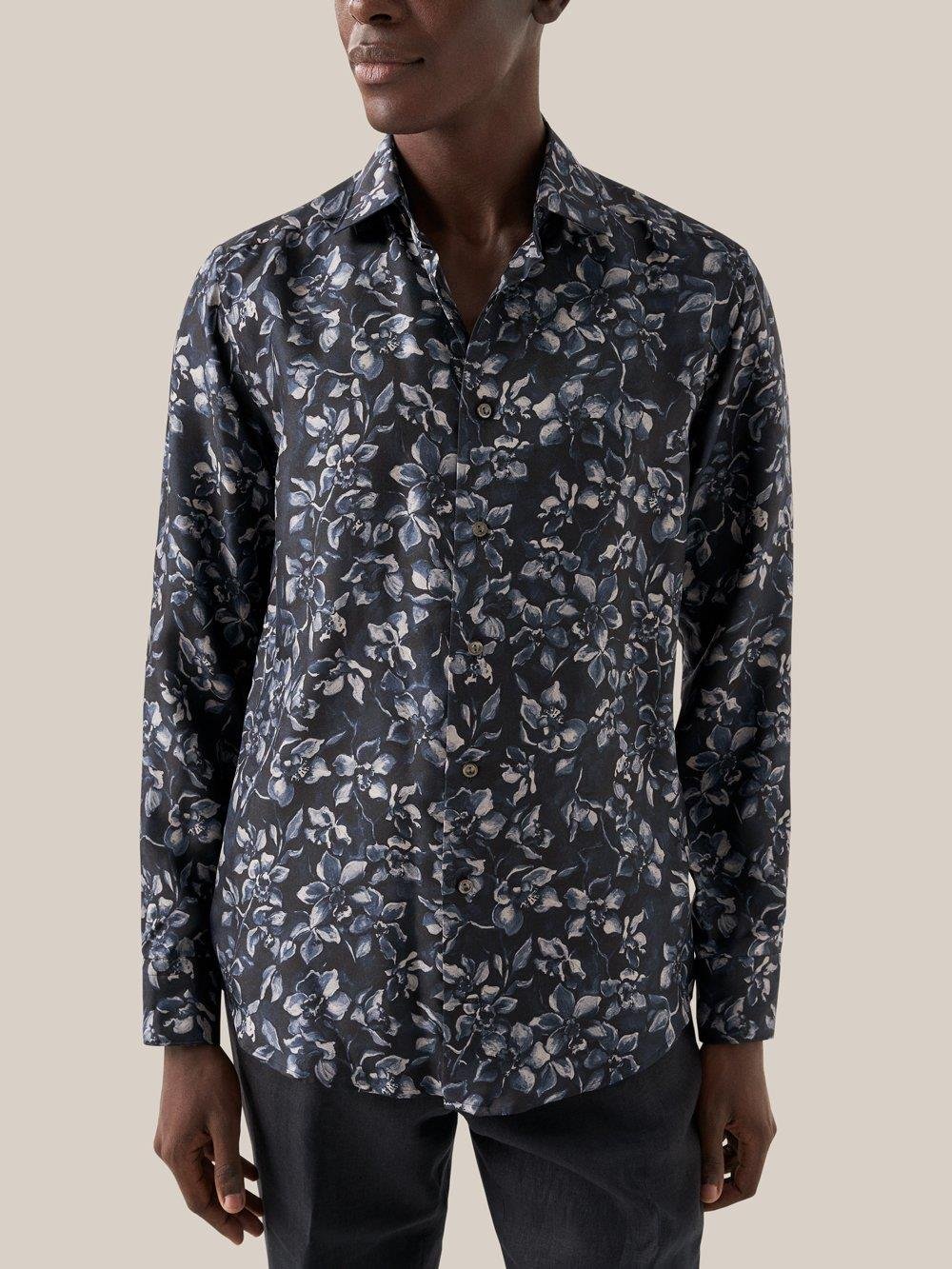 Lacivert Desenli İpek Gömlek - Image 1