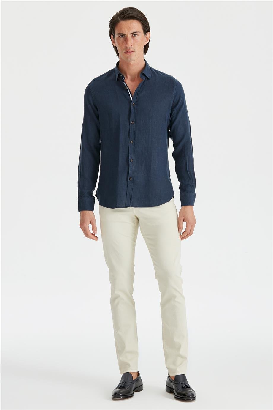 Lacivert Erkek Keten Gömlek - Image 2