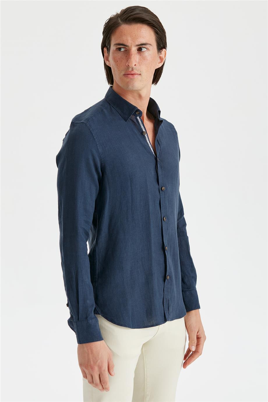 Lacivert Erkek Keten Gömlek - Image 5
