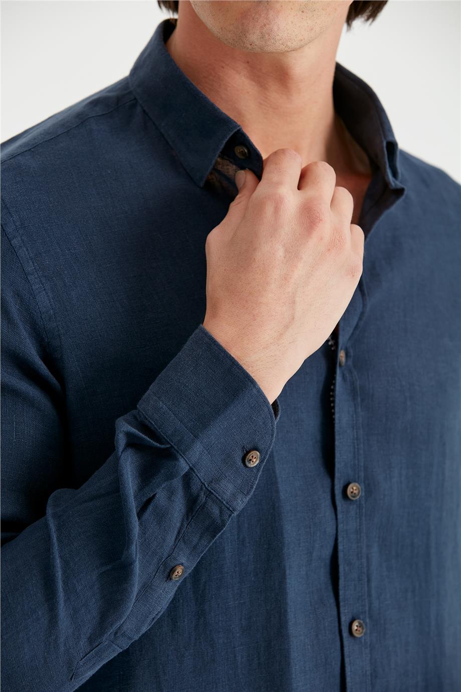 Lacivert Erkek Keten Gömlek - Image 3