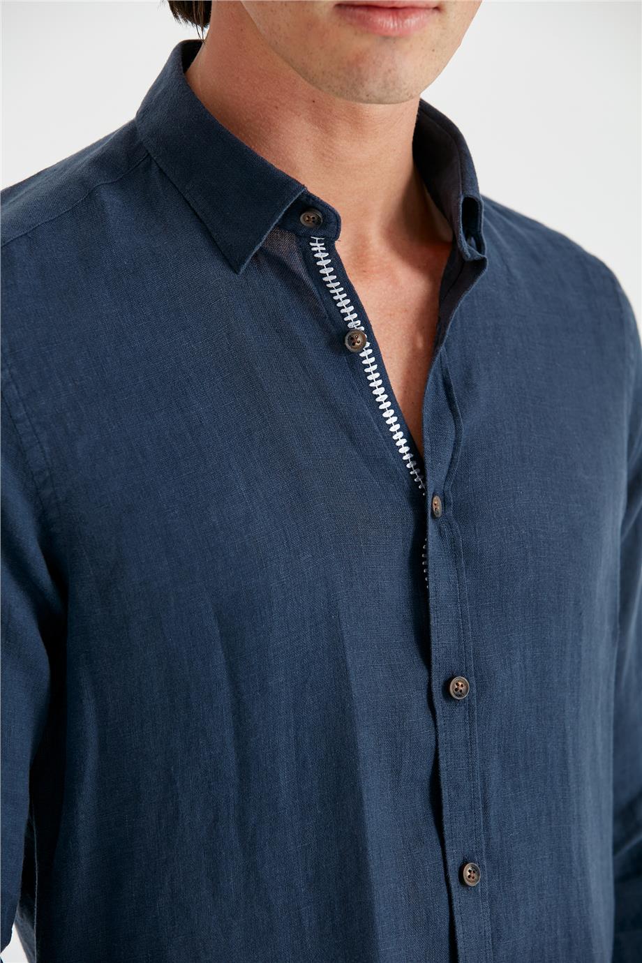 Lacivert Erkek Keten Gömlek - Image 4