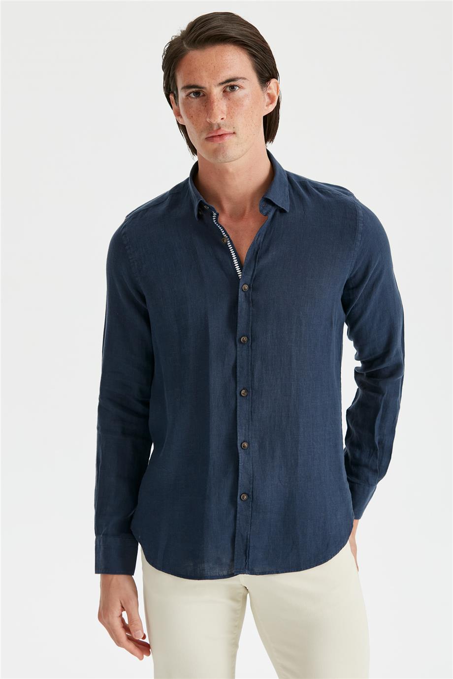 Lacivert Erkek Keten Gömlek - Image 1