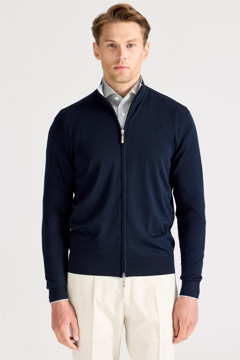 Lacivert Fermuarlı Pamuk İpek Hırka - Image 1