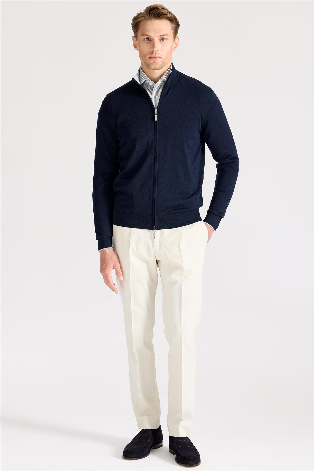 Lacivert Fermuarlı Pamuk İpek Hırka - Image 4