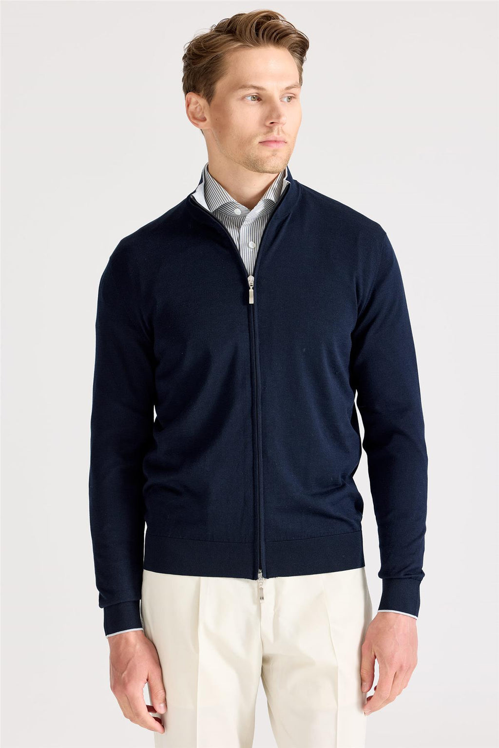 Lacivert Fermuarlı Pamuk İpek Hırka - Image 2