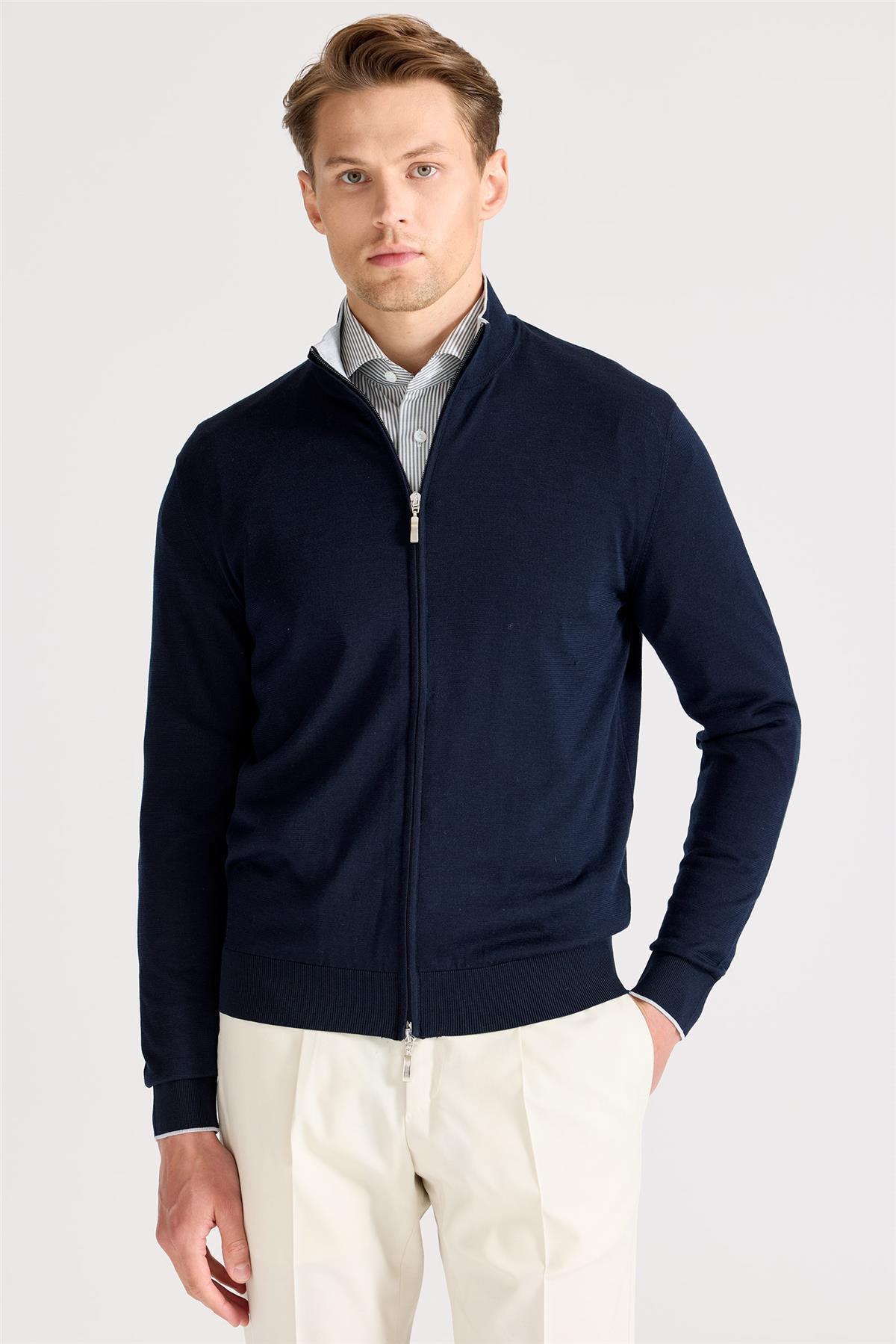 Lacivert Fermuarlı Pamuk İpek Hırka - Image 3