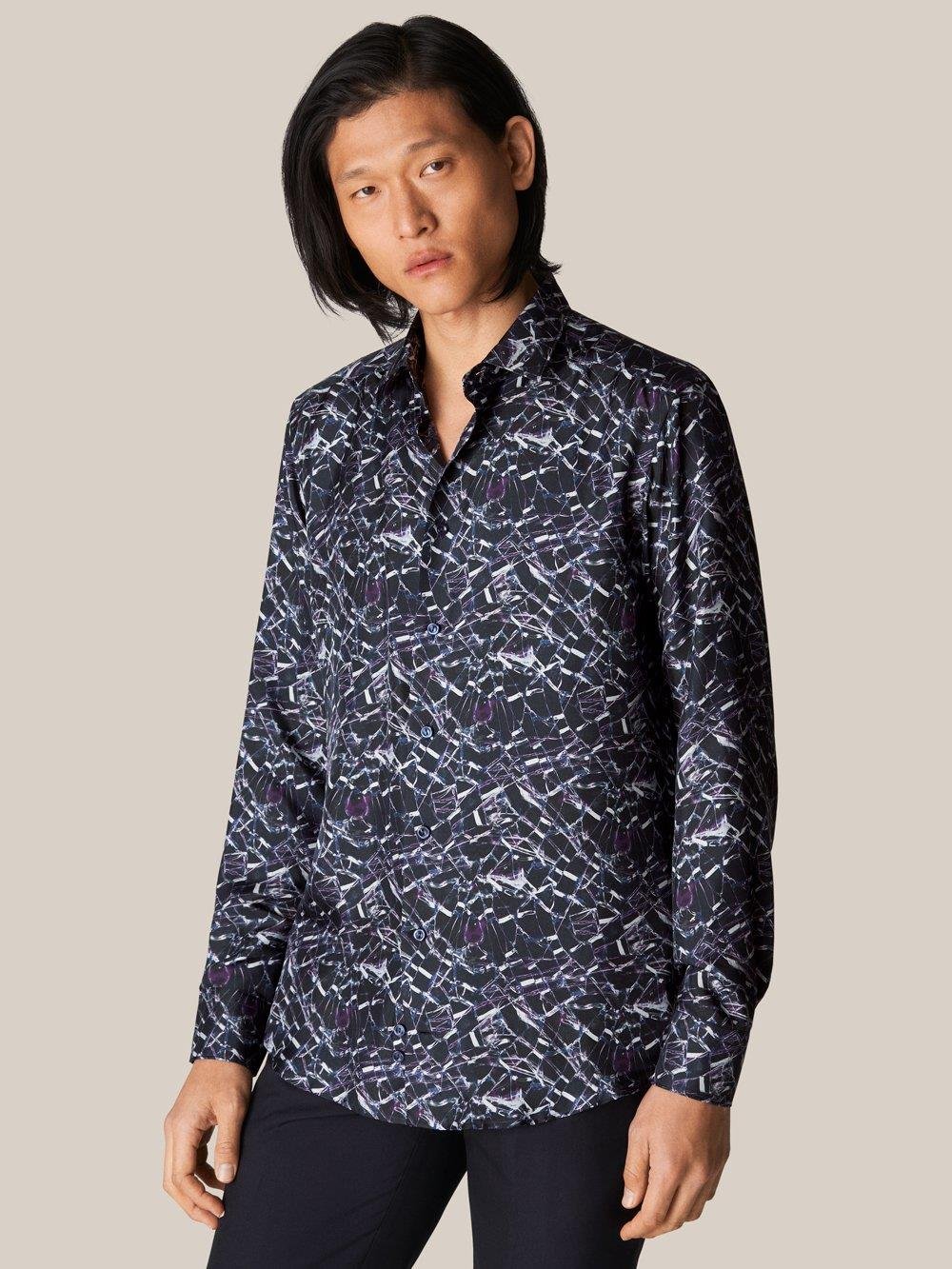 Lacivert Geometrik Desen İpek Twill Gömlek - Image 1