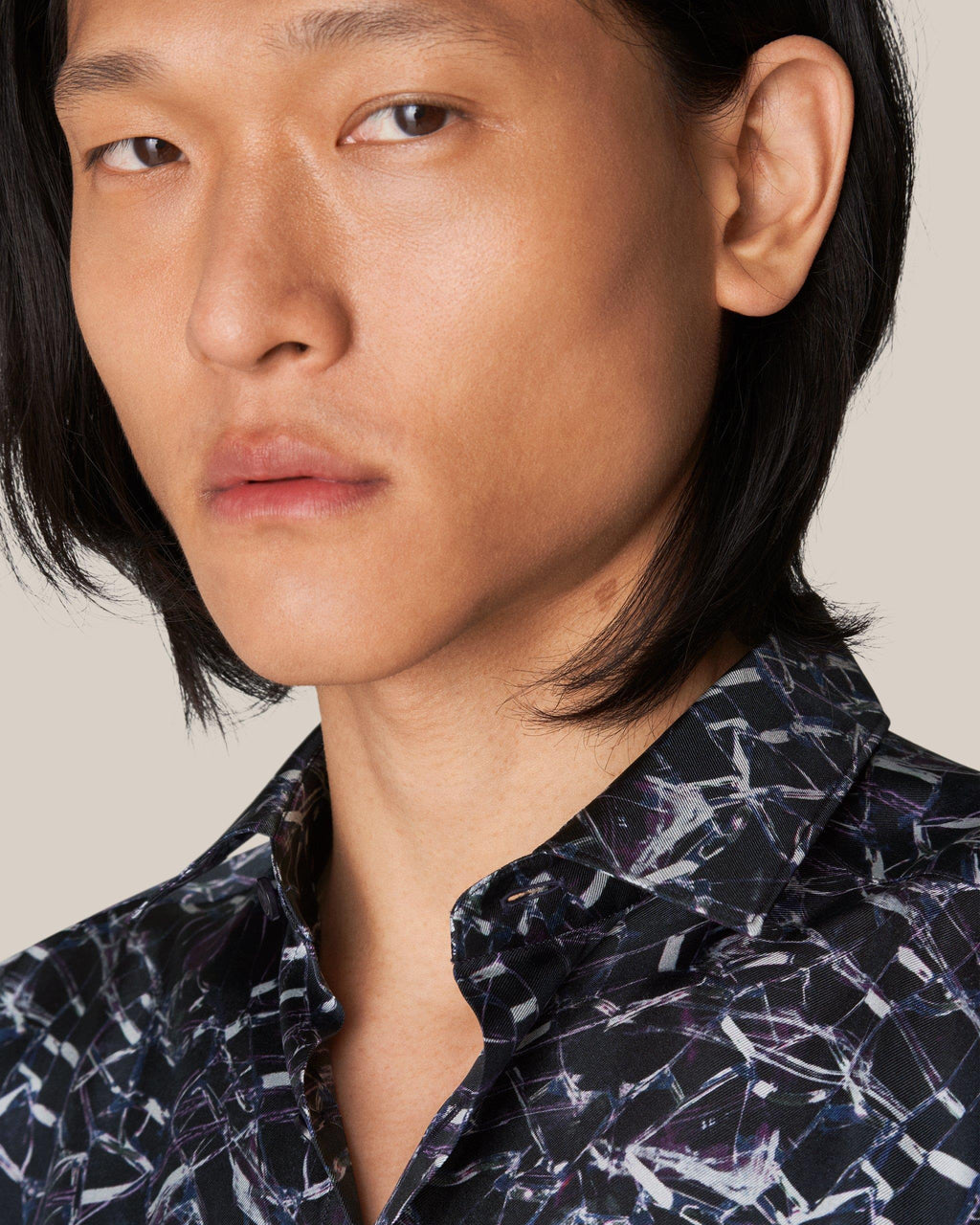 Lacivert Geometrik Desen İpek Twill Gömlek - Image 3