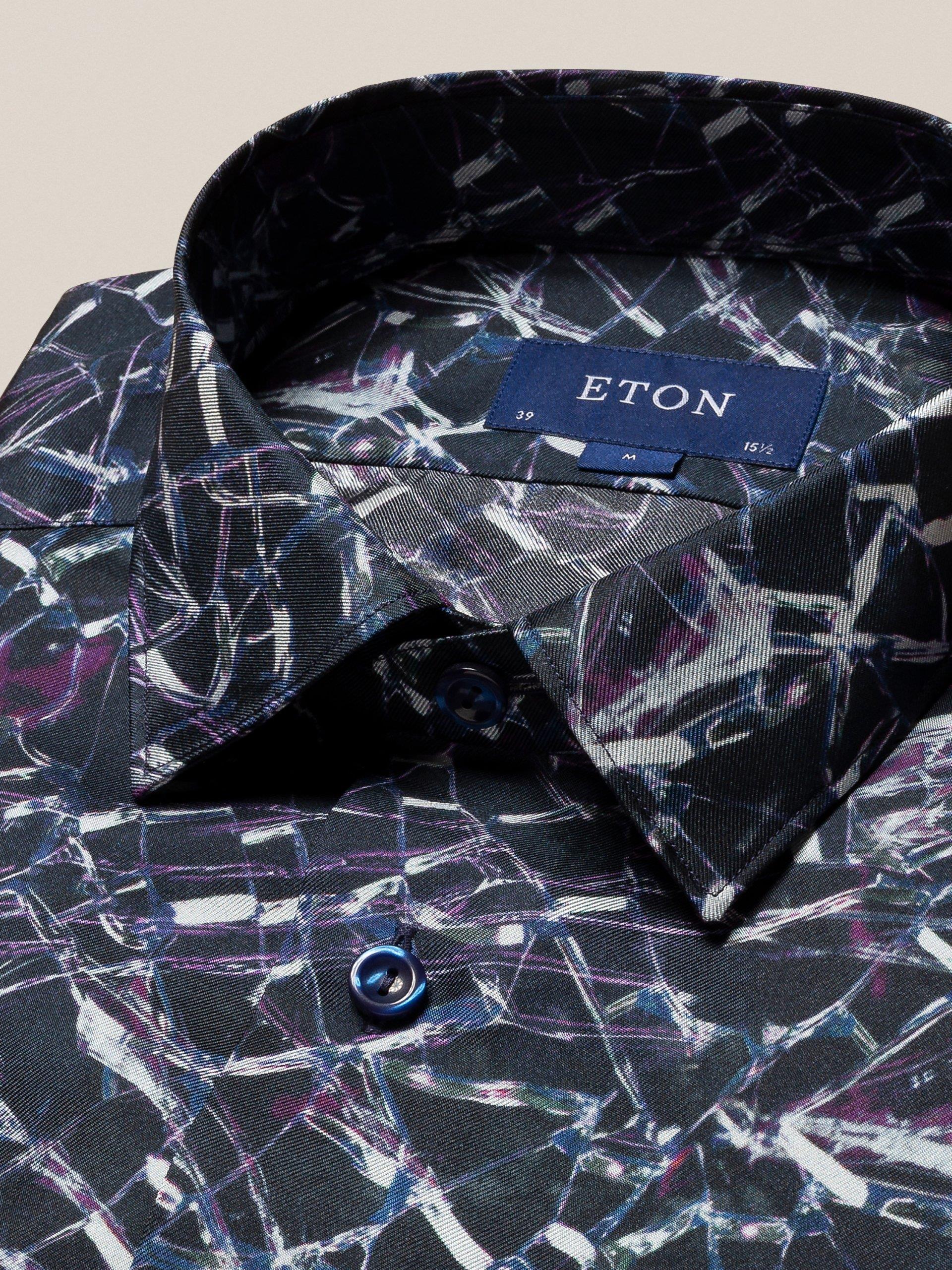 Lacivert Geometrik Desen İpek Twill Gömlek - Image 5