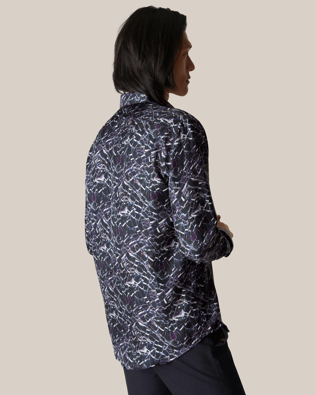 Lacivert Geometrik Desen İpek Twill Gömlek - Image 2