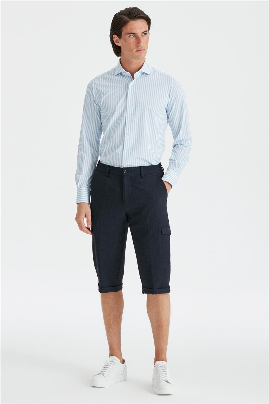Lacivert Gofre Pamuk Erkek Bermuda - Image 3