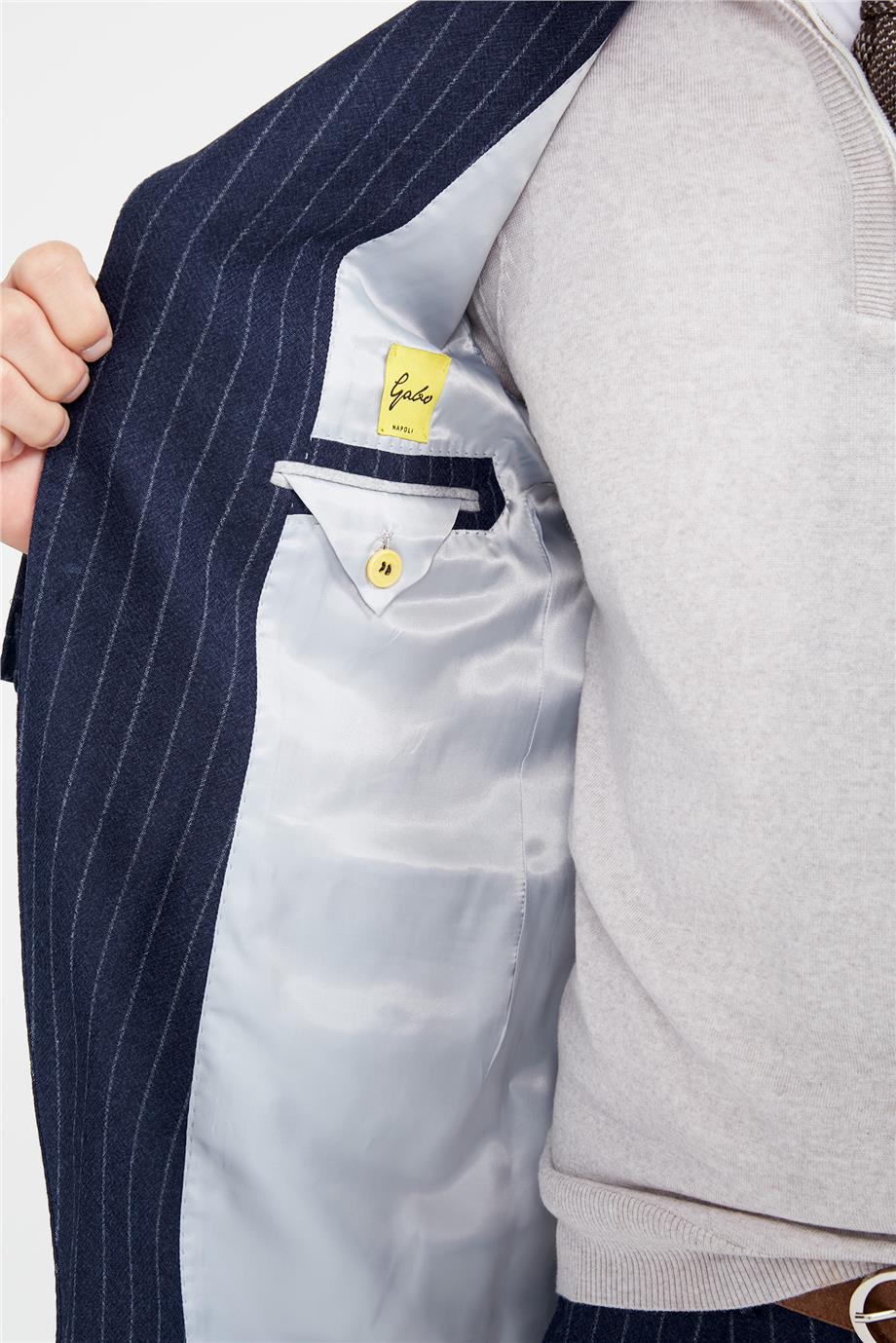 Lacivert Gri Çizgili Yün Takım Elbise