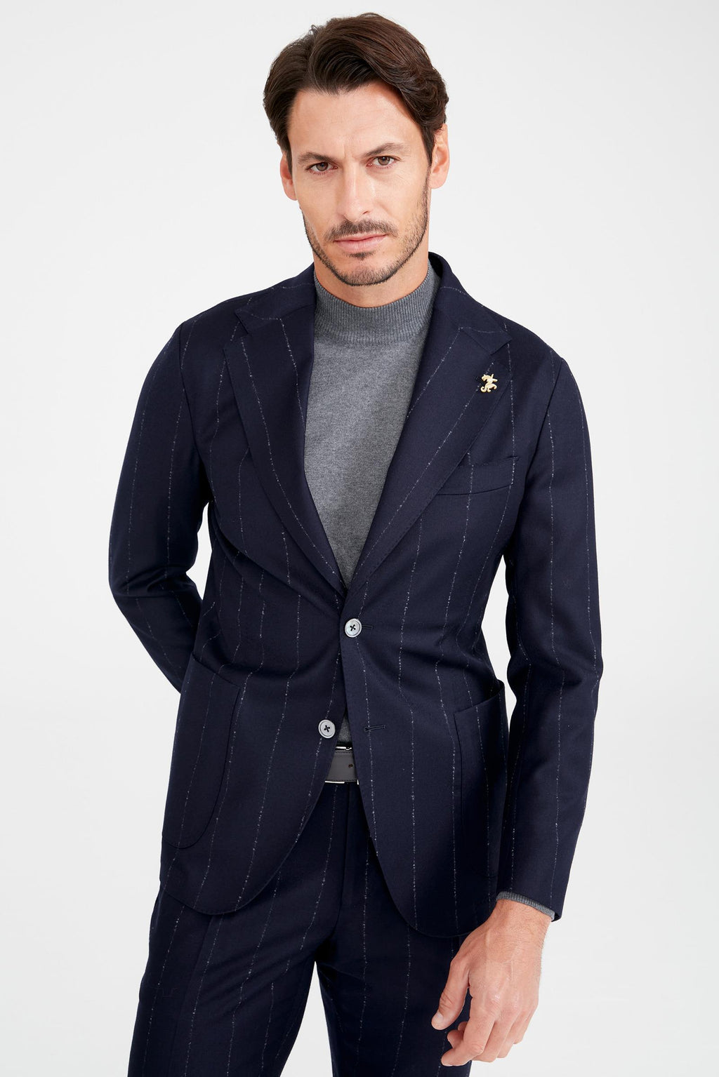 Lacivert Gri Çizgili Yün Takım Elbise - Image 2