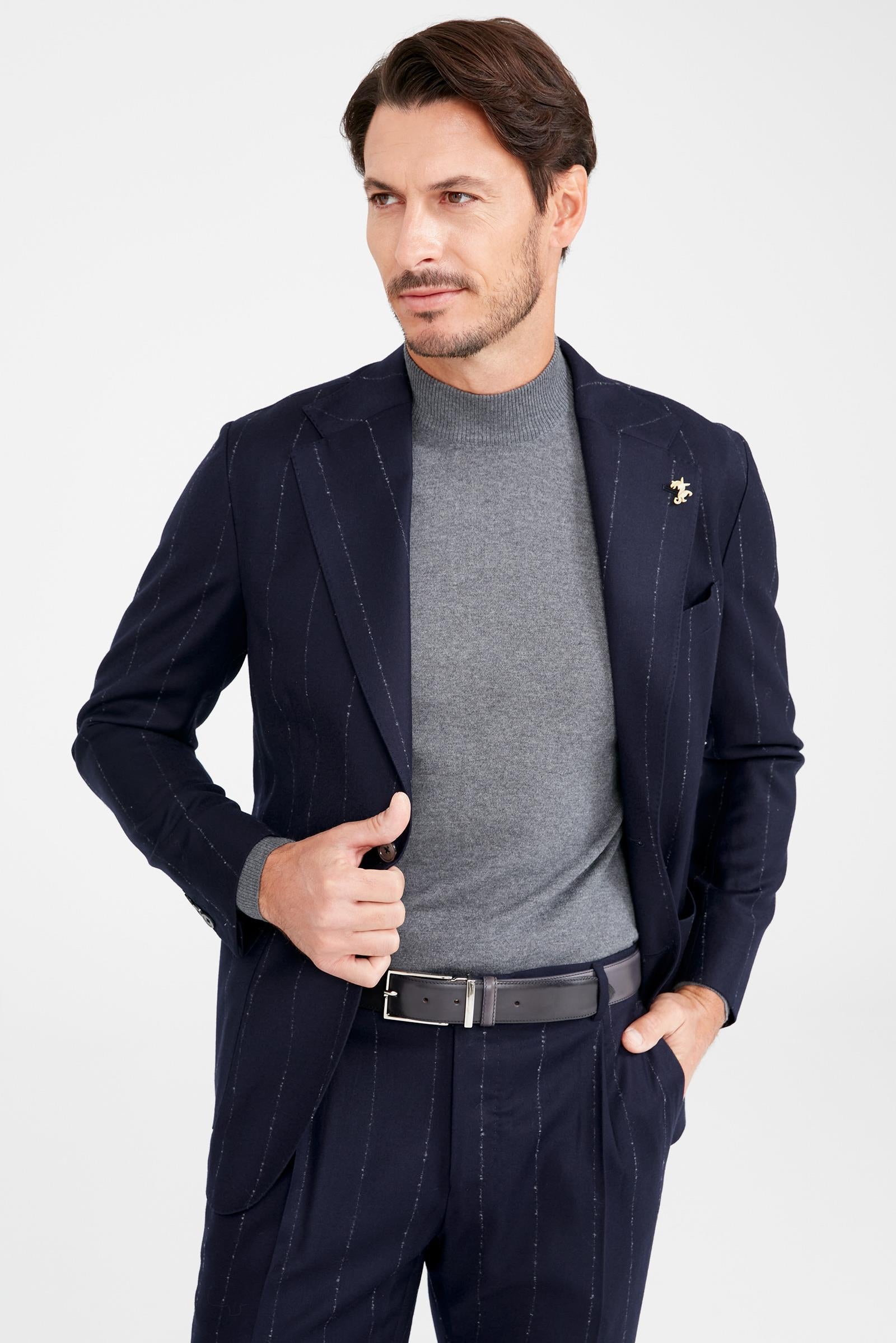 Lacivert Gri Çizgili Yün Takım Elbise - Image 5