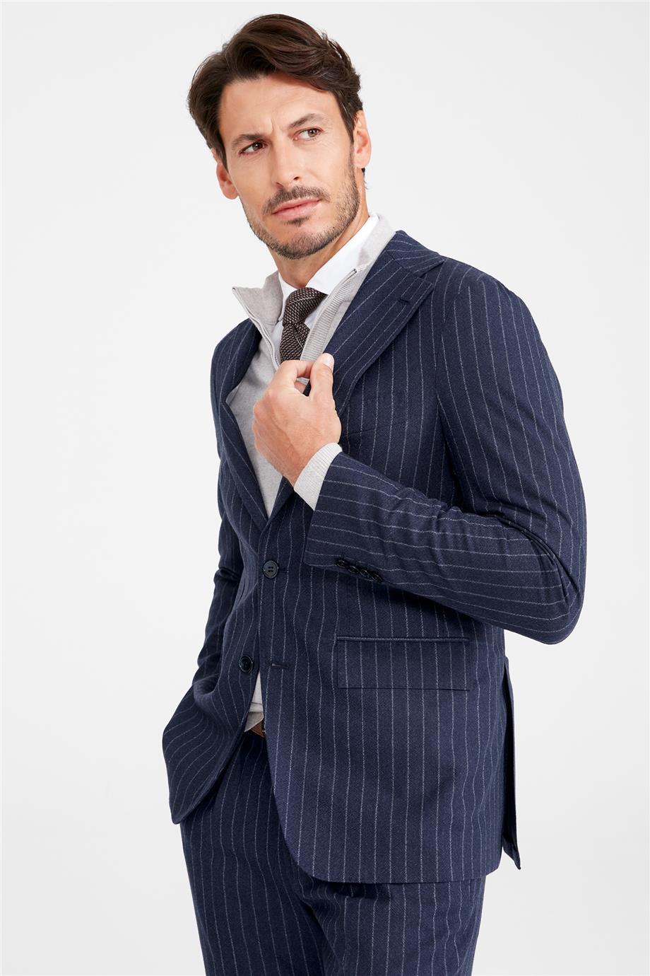 Lacivert Gri Çizgili Yün Takım Elbise