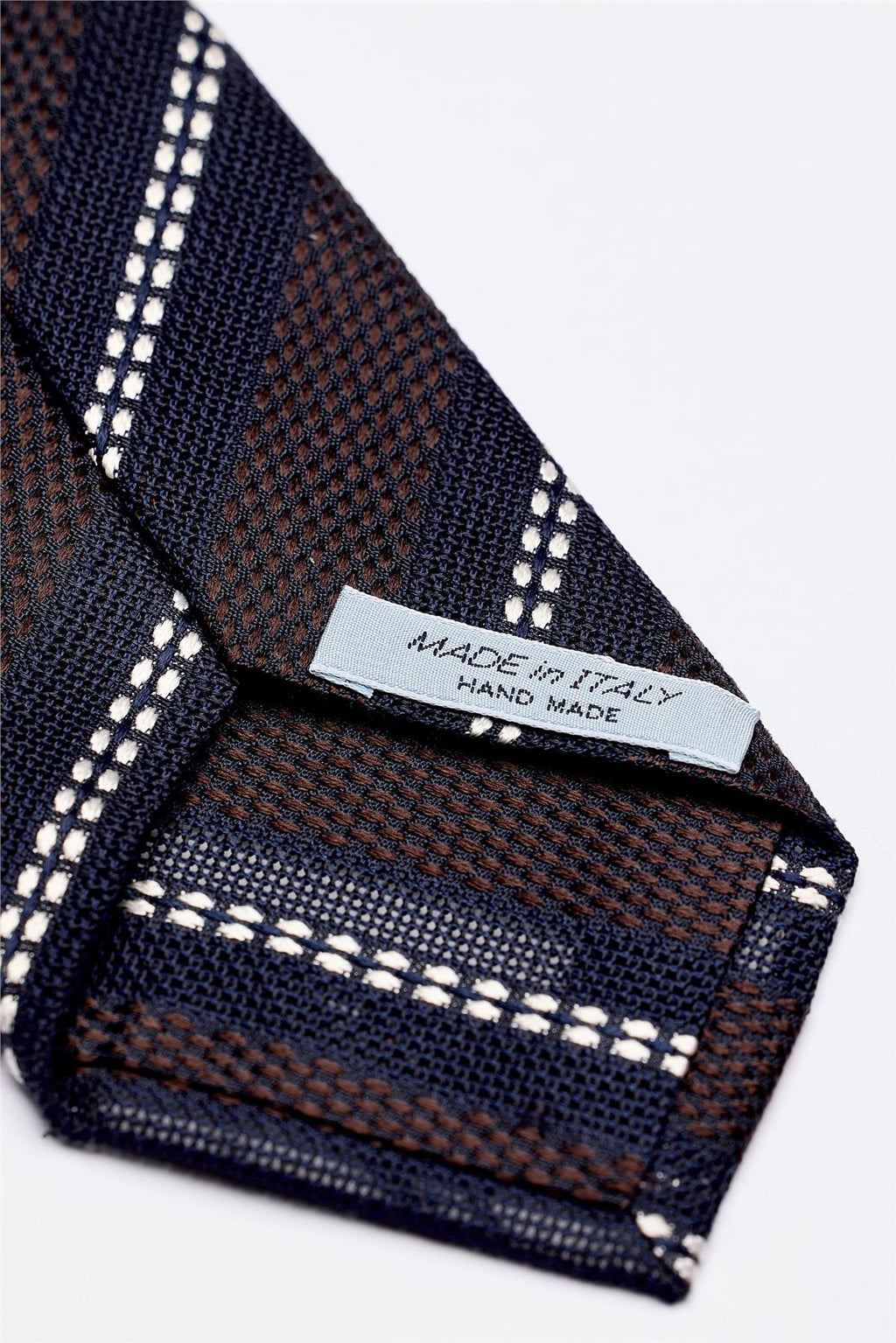 Lacivert Kahve Beyaz Çizgili 7 Fold Örgü İpek Kravat - Image 4