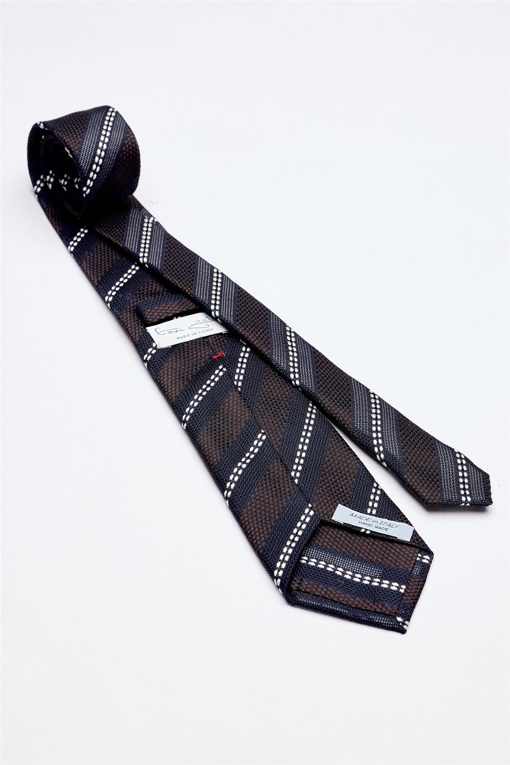 Lacivert Kahve Beyaz Çizgili 7 Fold Örgü İpek Kravat - Image 2