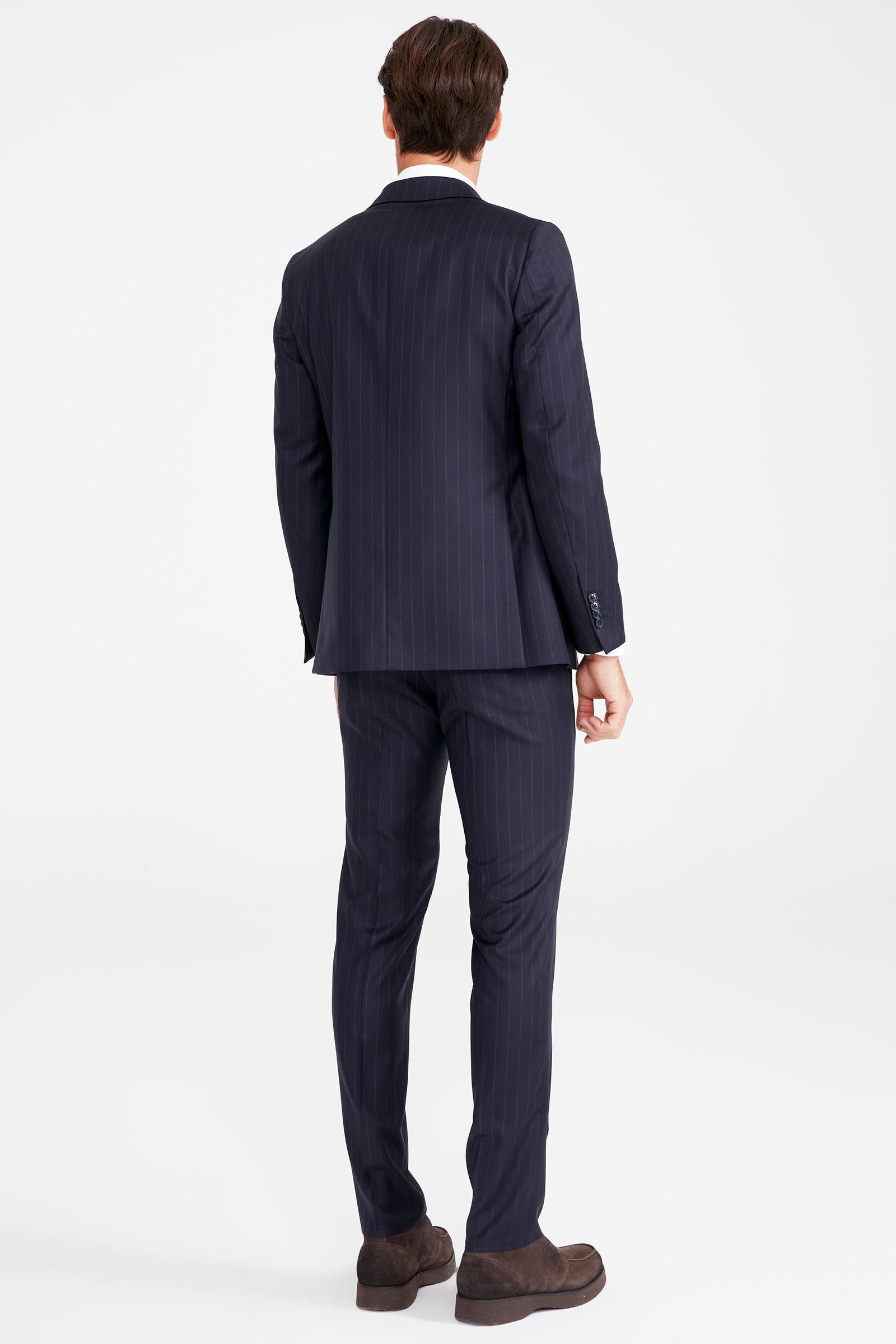 Lacivert Kahve Çizgili Yün Takım Elbise - Image 4