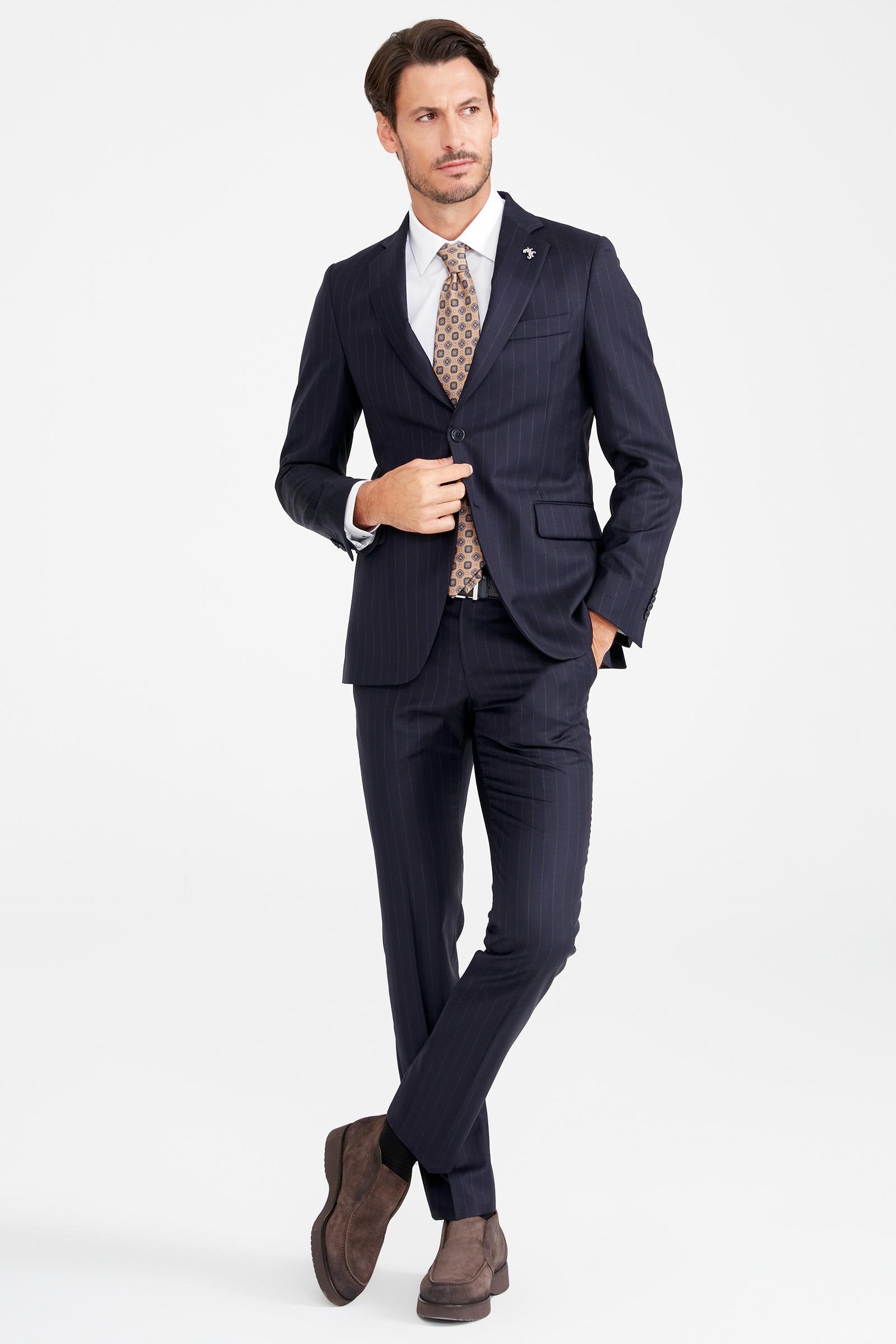 Lacivert Kahve Çizgili Yün Takım Elbise - Image 1