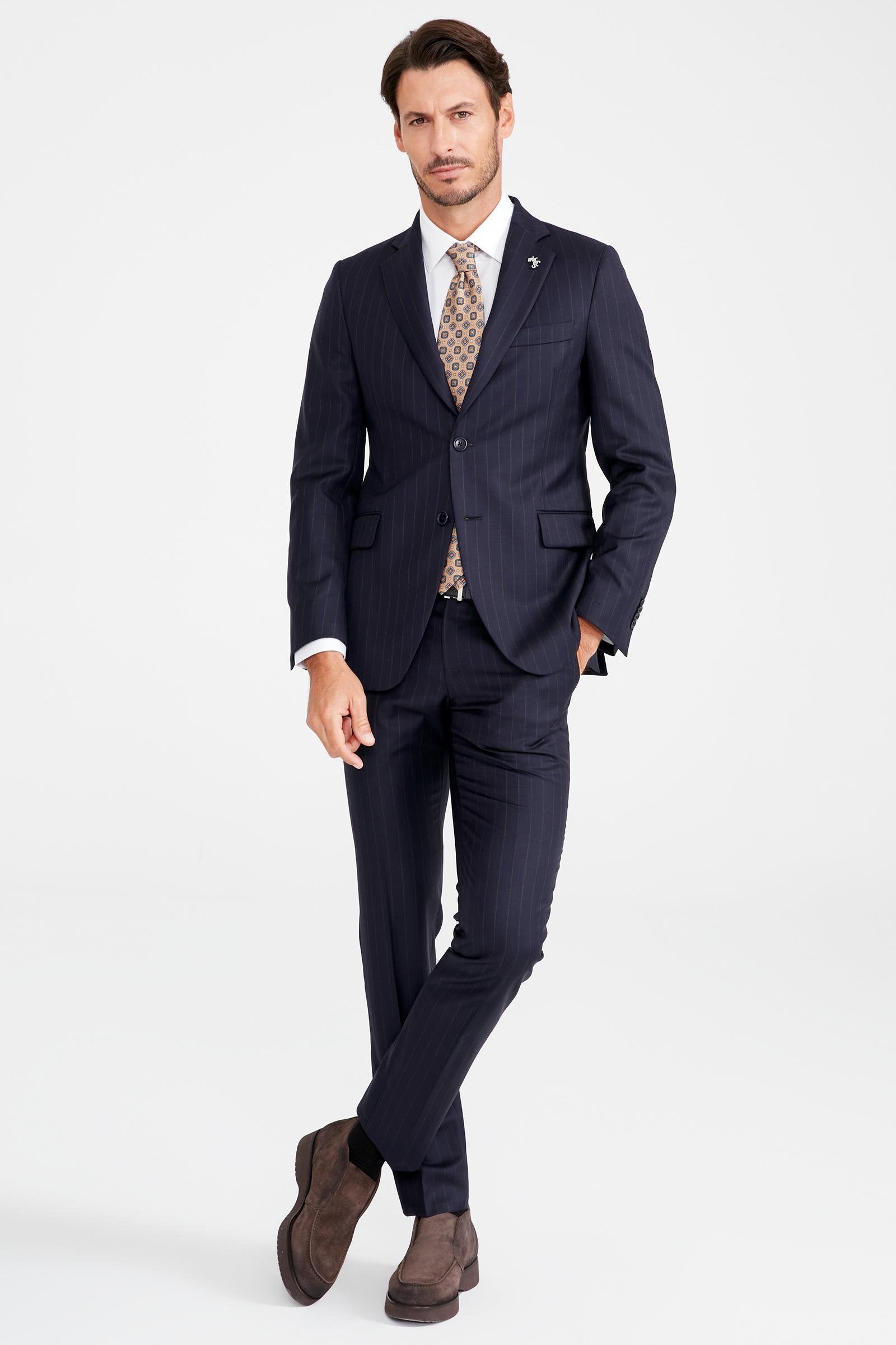 Lacivert Kahve Çizgili Yün Takım Elbise - Image 3