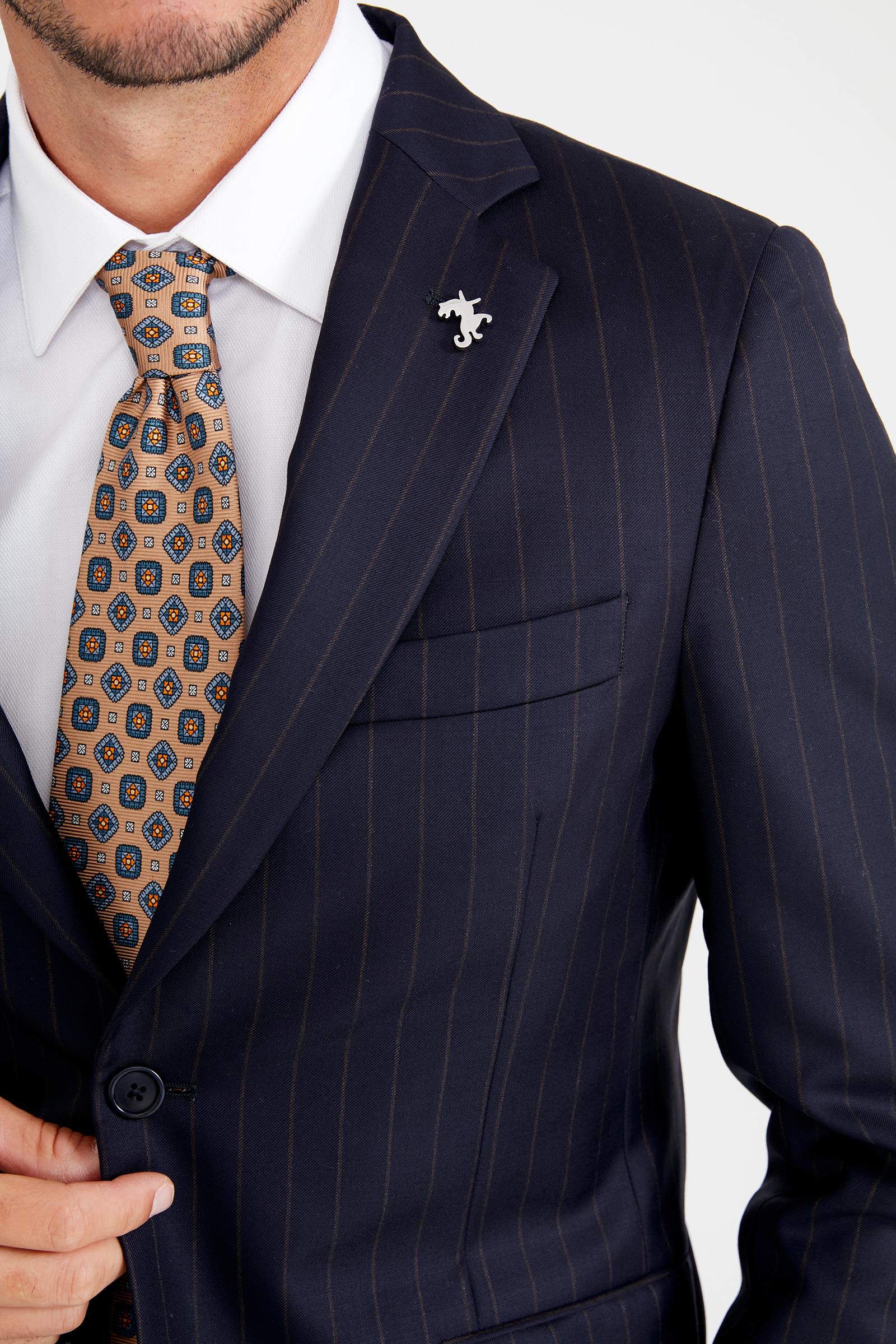 Lacivert Kahve Çizgili Yün Takım Elbise - Image 2