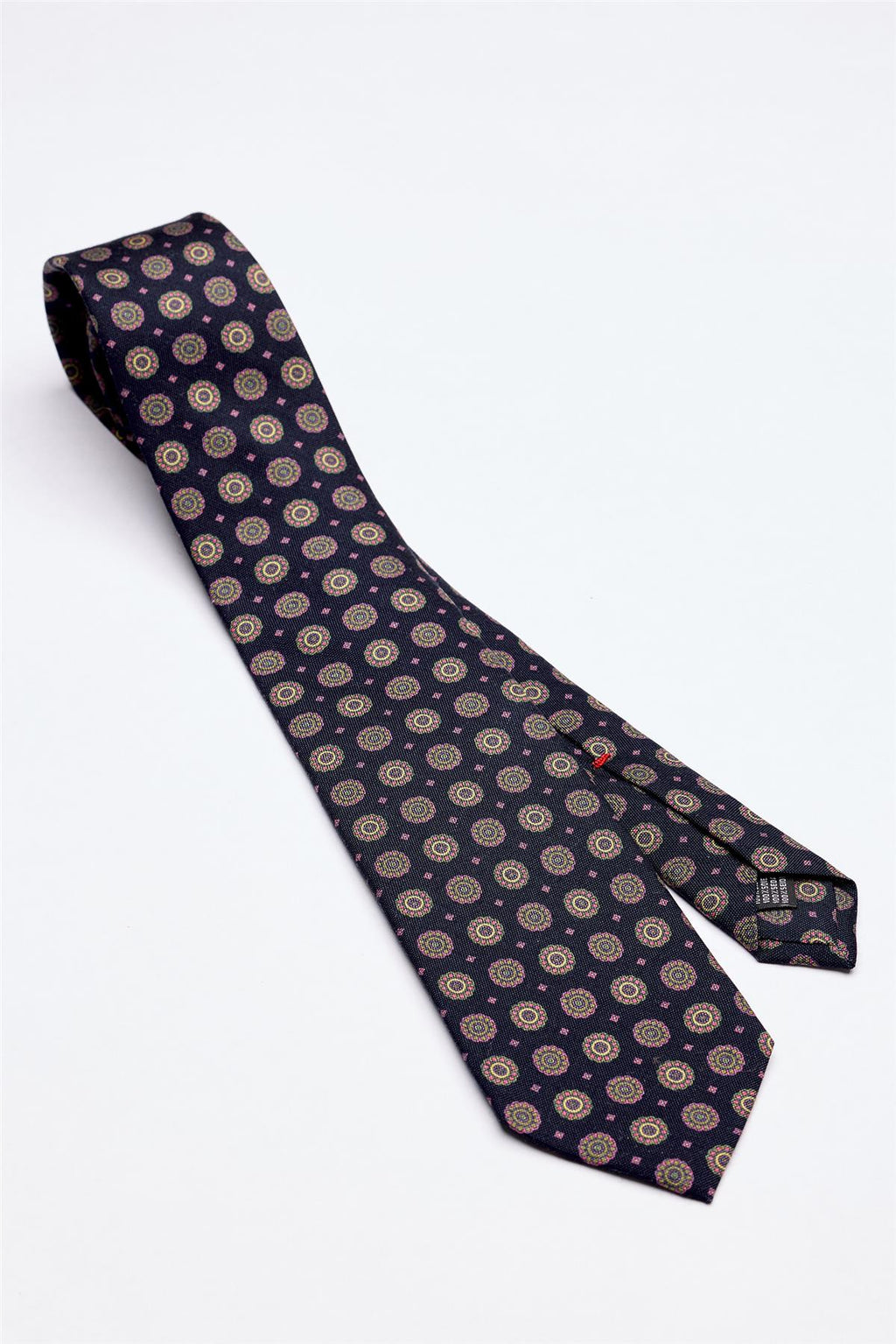 Lacivert Kahve Desenli 7 Fold İpek Kravat - Image 1