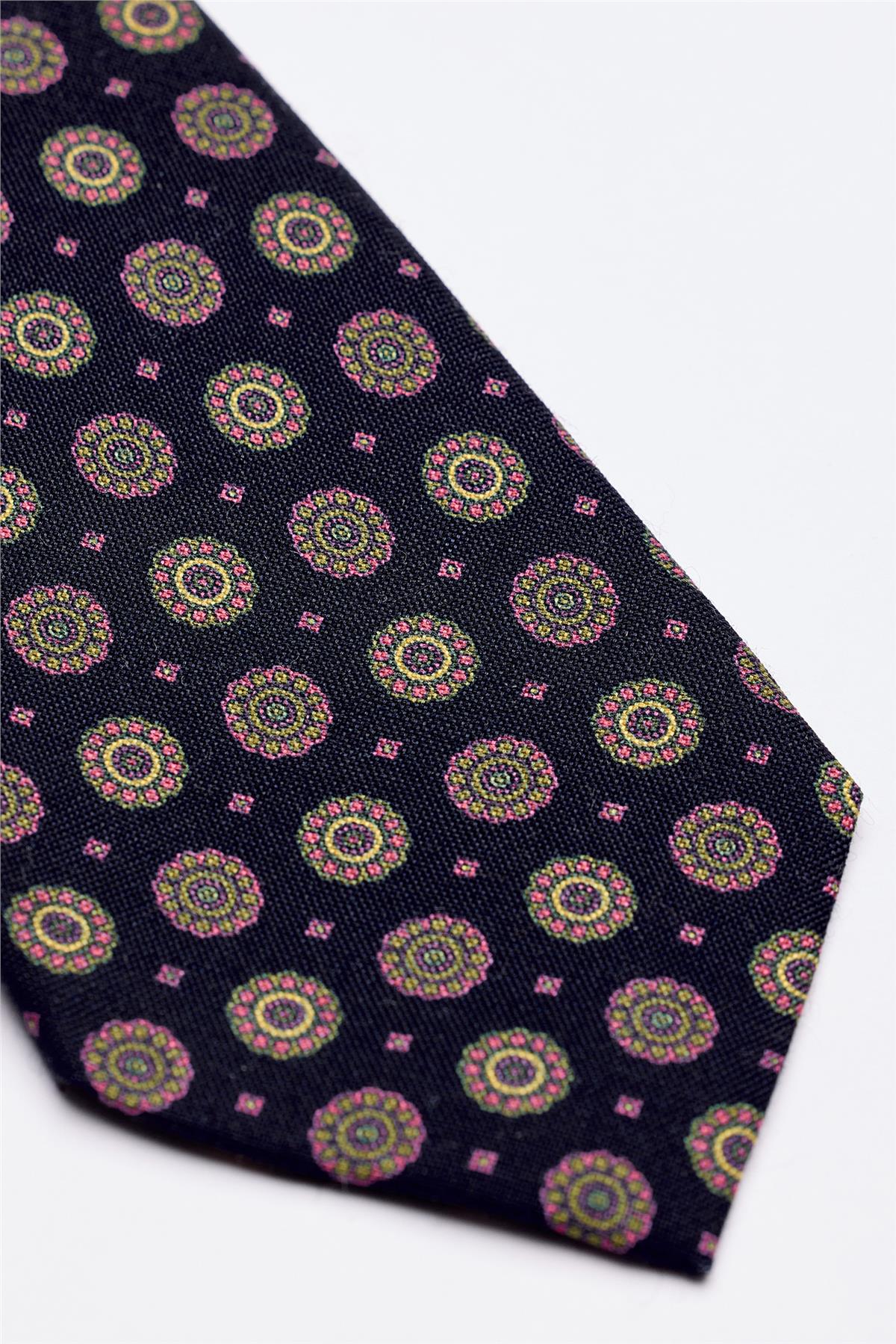 Lacivert Kahve Desenli 7 Fold İpek Kravat - Image 3