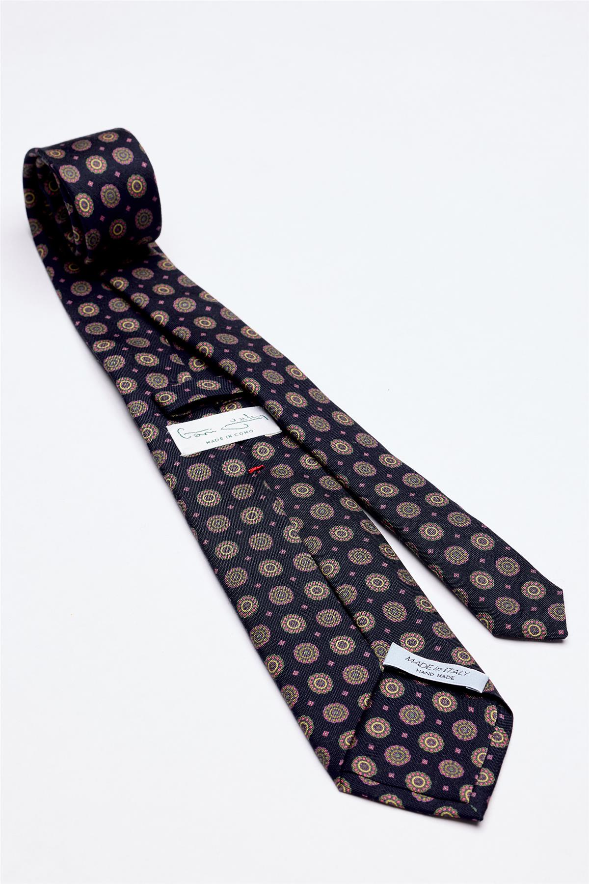 Lacivert Kahve Desenli 7 Fold İpek Kravat - Image 2