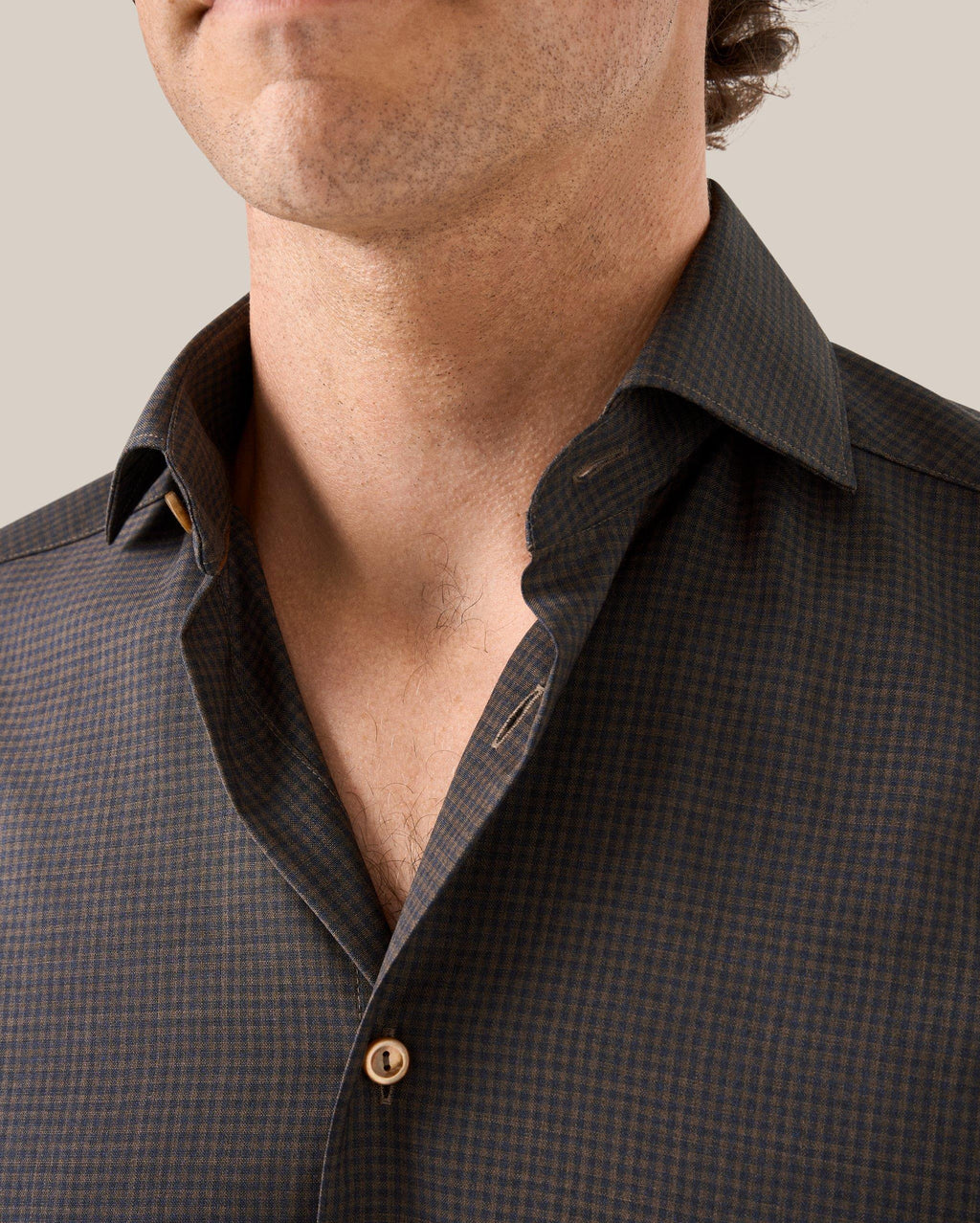 Lacivert Kahverengi Kareli Merino Yün Gömlek - Image 4