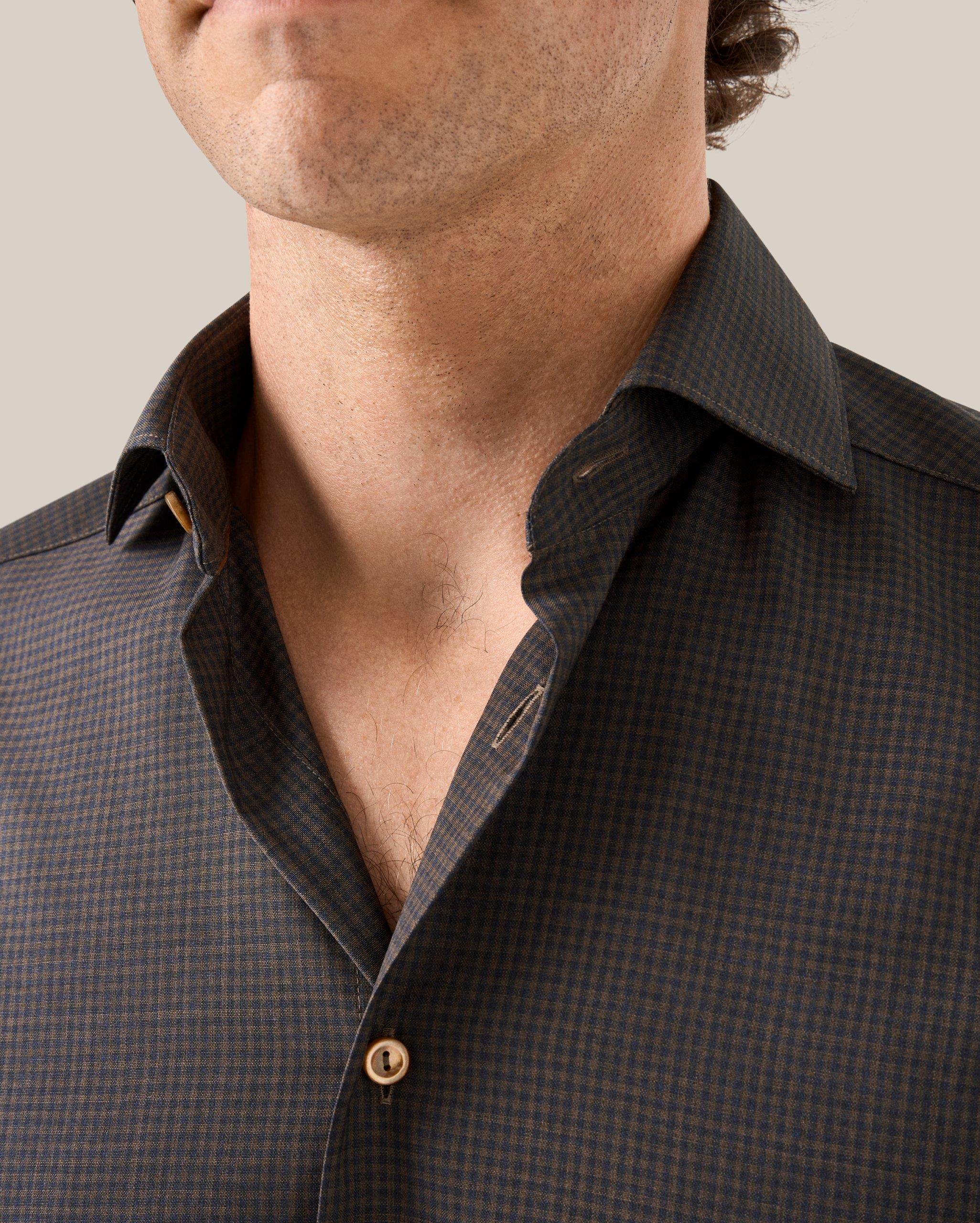 Lacivert Kahverengi Kareli Merino Yün Gömlek - Image 4