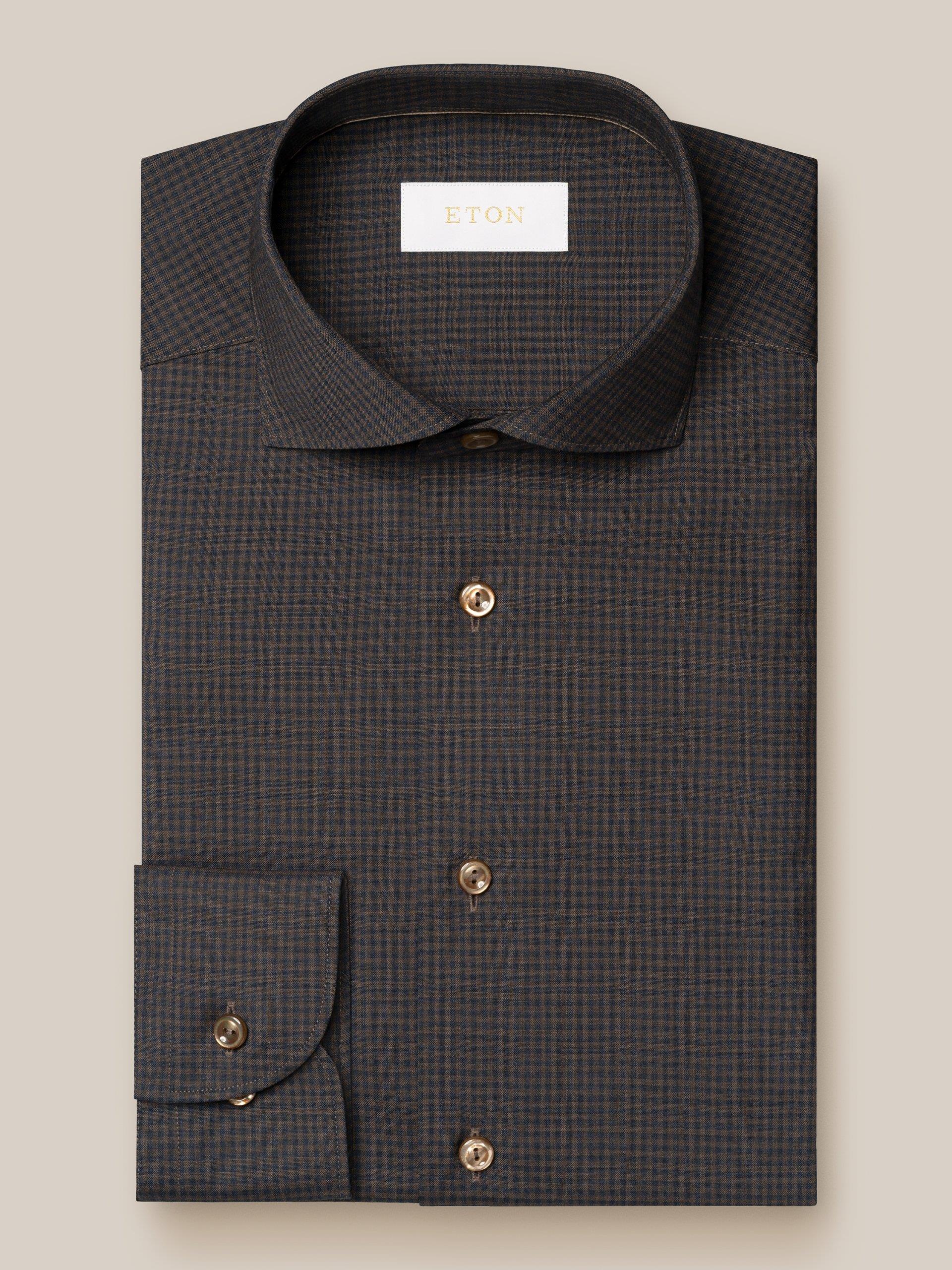 Lacivert Kahverengi Kareli Merino Yün Gömlek - Image 1