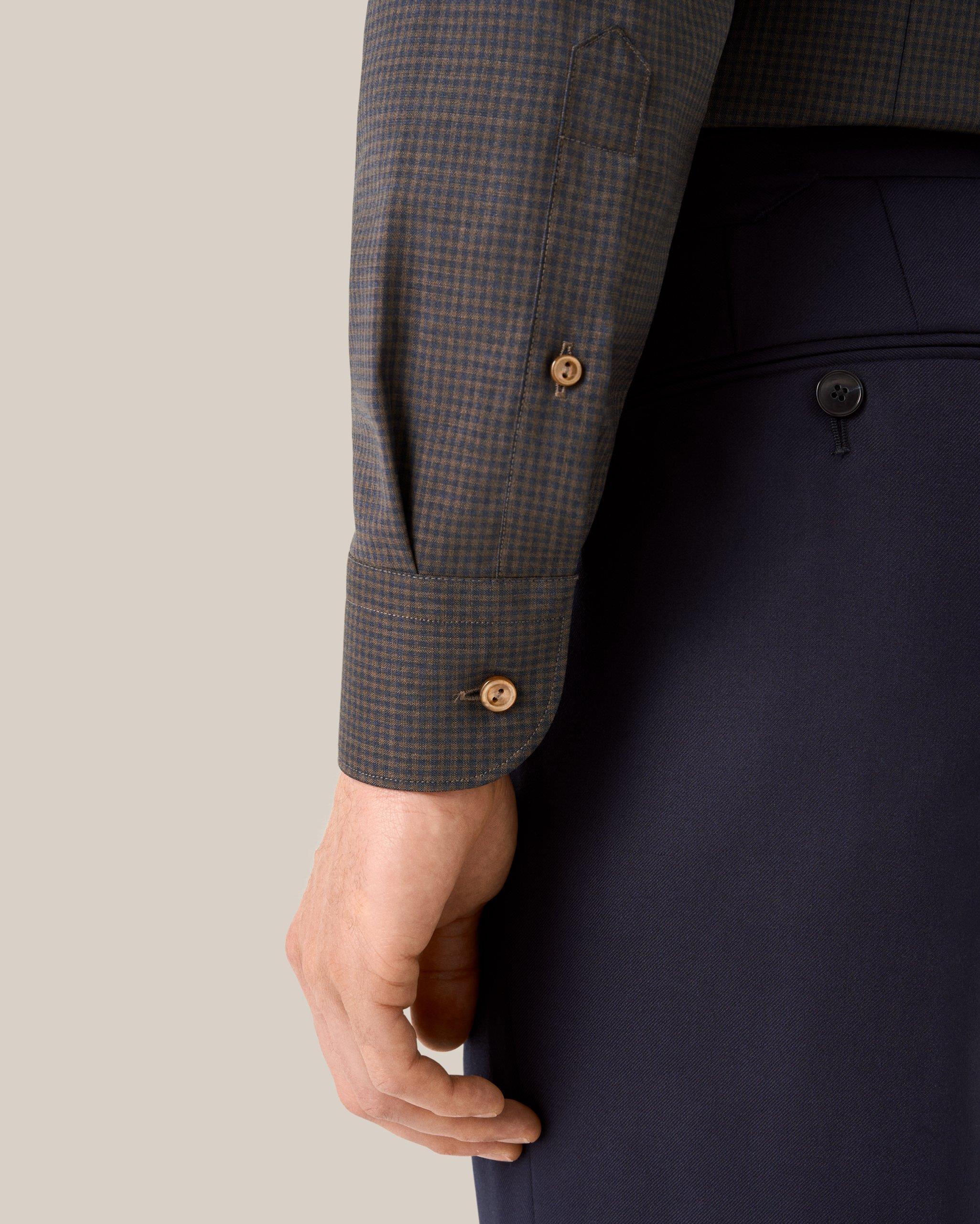 Lacivert Kahverengi Kareli Merino Yün Gömlek - Image 5