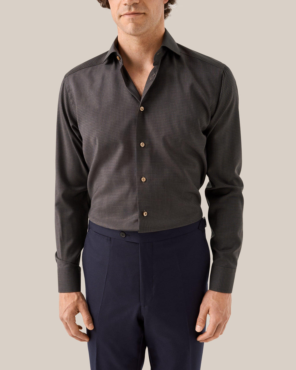 Lacivert Kahverengi Kareli Merino Yün Gömlek - Image 2