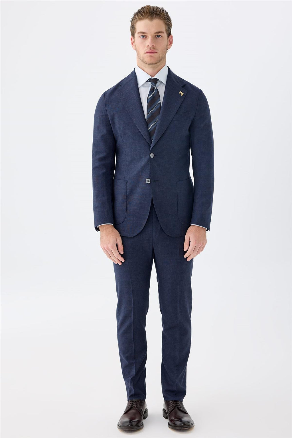 Lacivert Kahverengi Kareli Yün Takım Elbise - Image 1